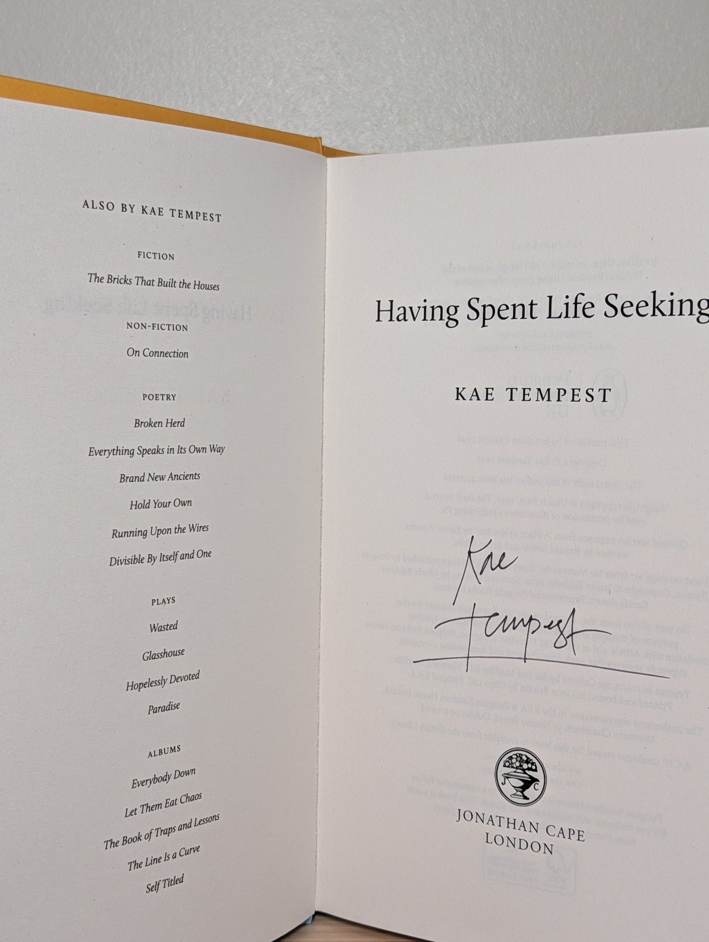 Having Spent Life Seeking by Kae Tempest (Signed First Edition) - Fialta Books