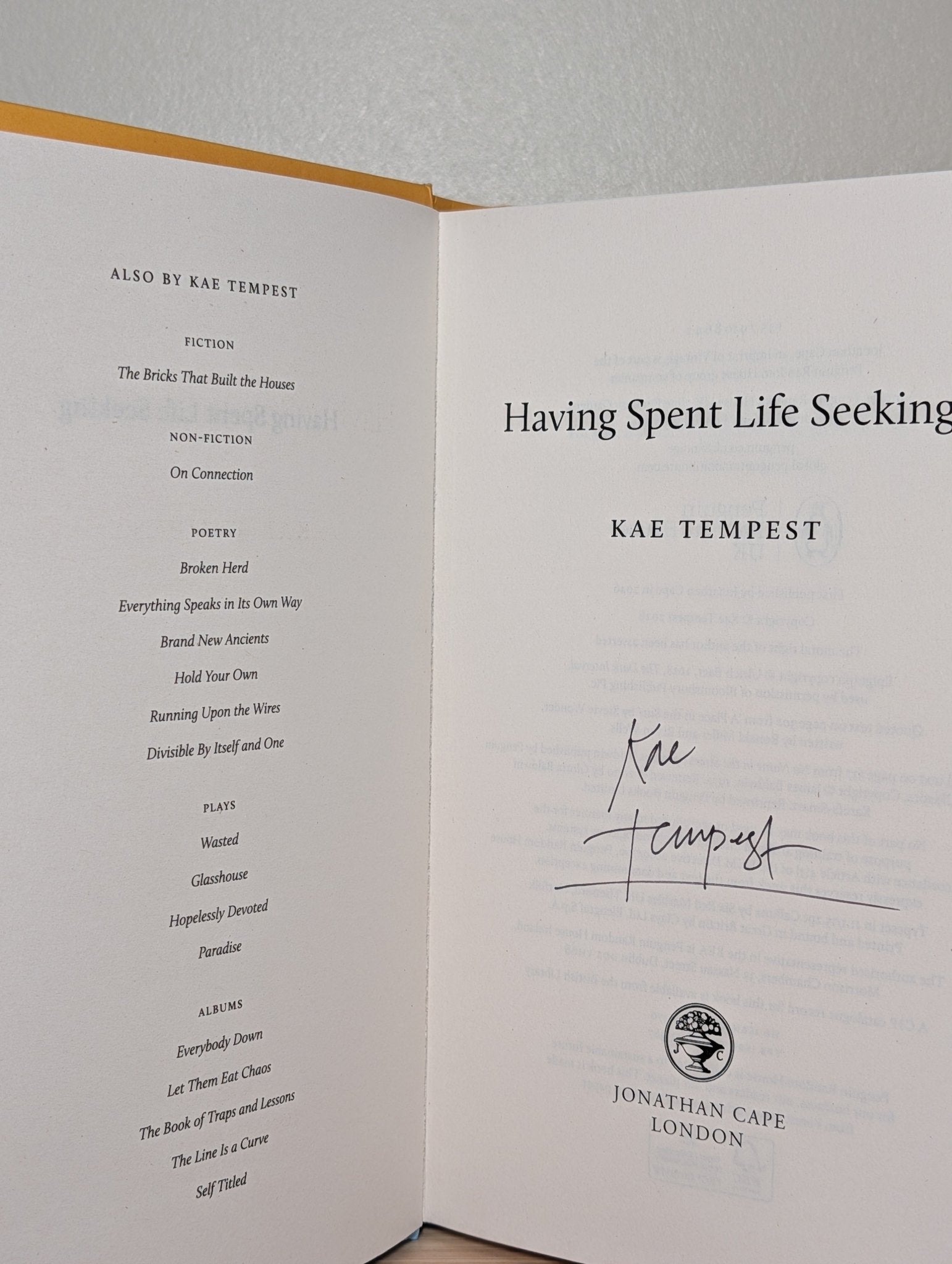 Having Spent Life Seeking by Kae Tempest (Signed First Edition) - Fialta Books
