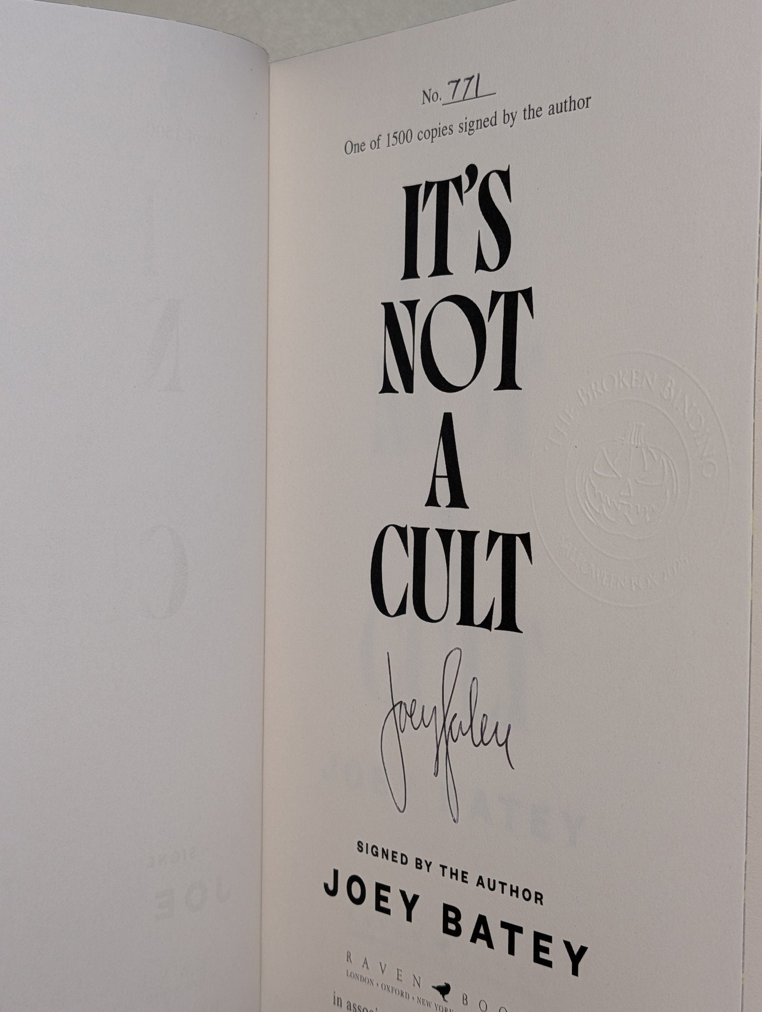 It's Not a Cult by Joey Batey (Signed First Edition with sprayed edges) - Fialta Books