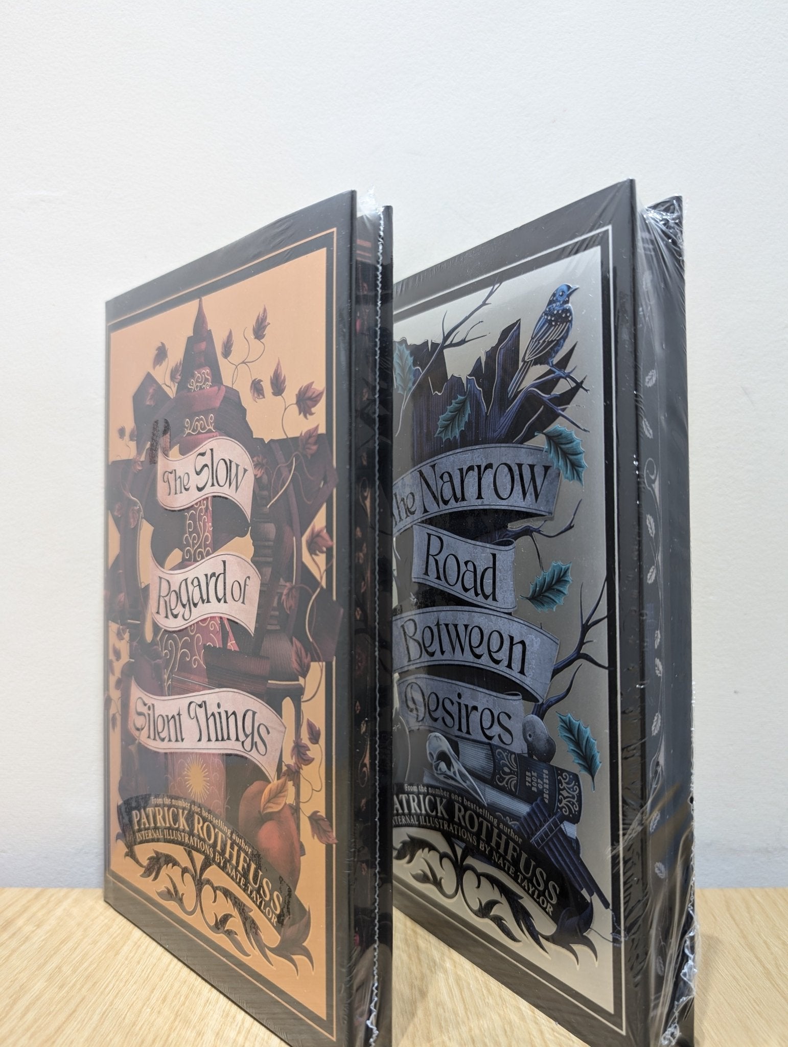 Kingkiller Chronicle: Slow Regard of Silent Things; Narrow Road Between Desires by Patrick Rothfuss (Signed with sprayed edges) - Fialta Books