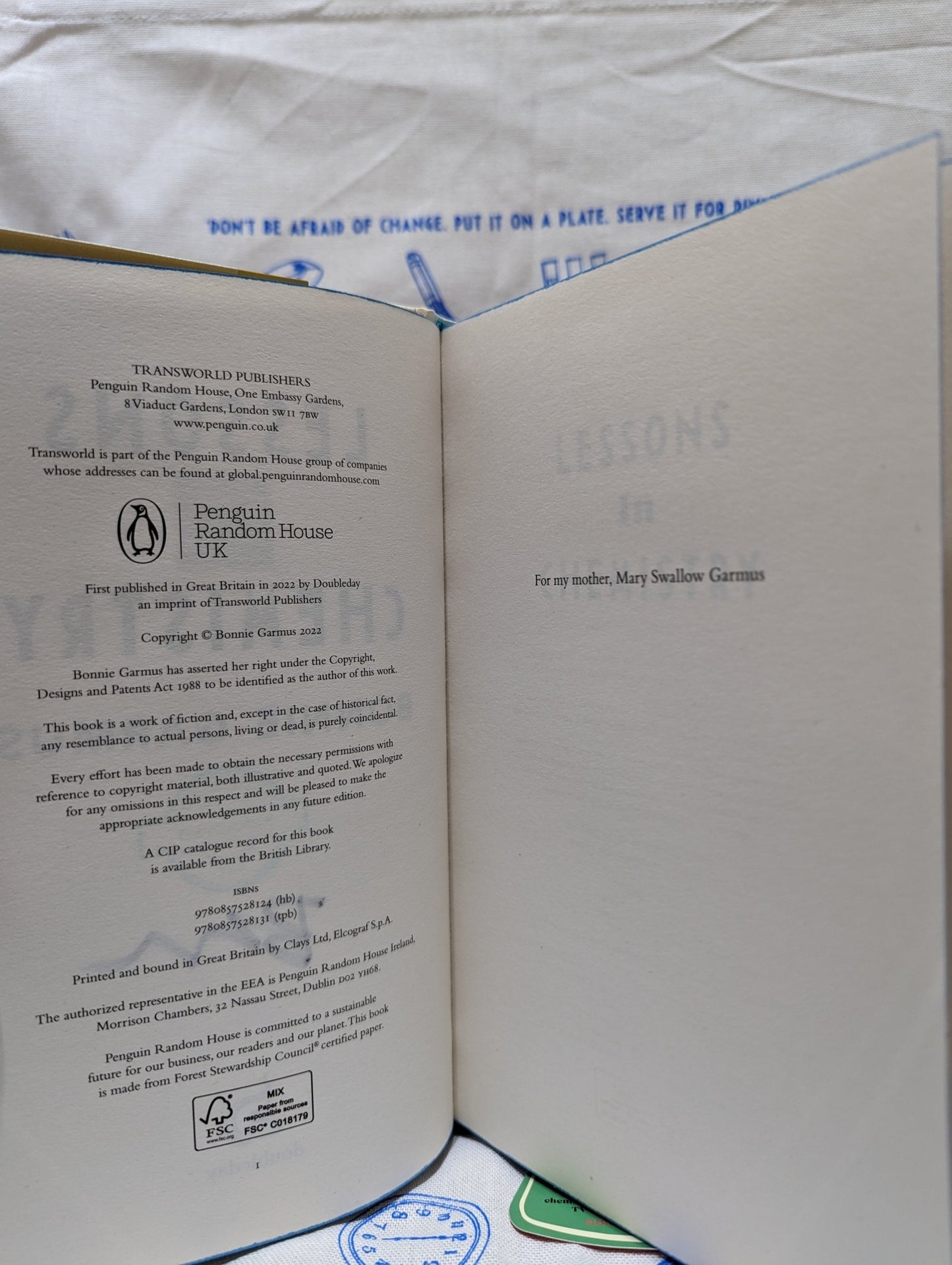 Lessons in Chemistry by Bonnie Garmus (Signed Stamped First Edition with bookmark set and tea towel) - Fialta Books