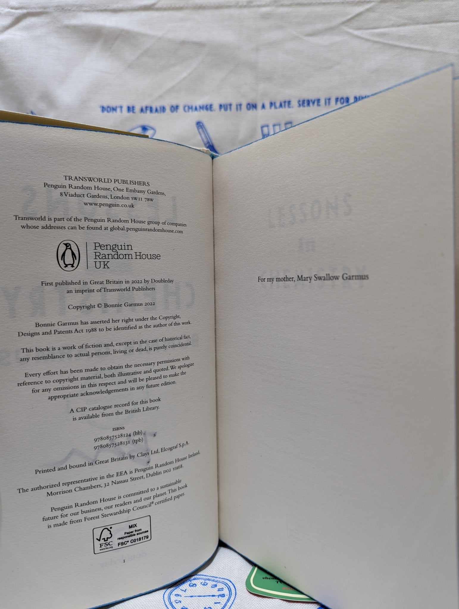 Lessons in Chemistry by Bonnie Garmus (Signed Stamped First Edition with bookmark set and tea towel) - Fialta Books