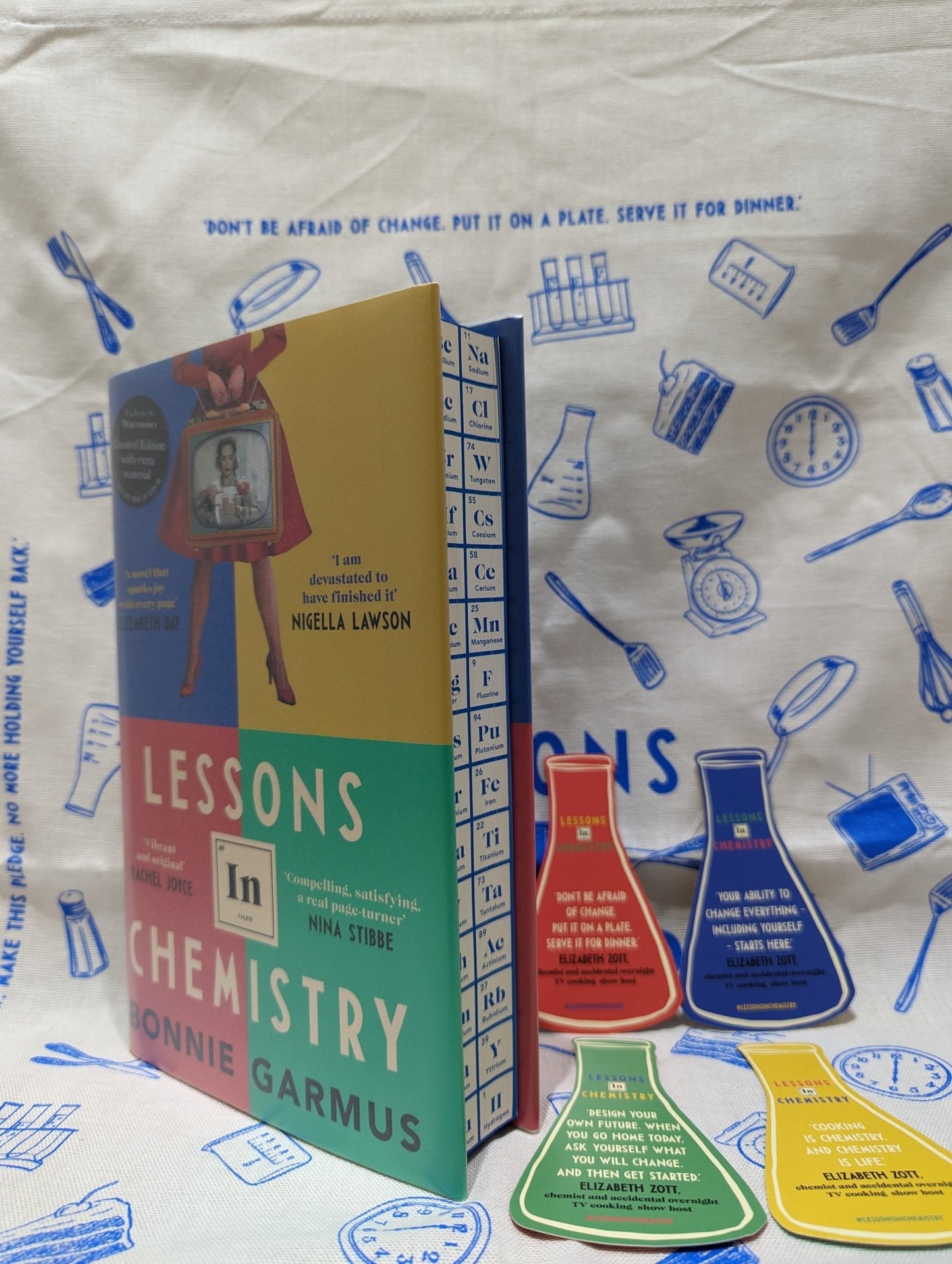 Lessons in Chemistry by Bonnie Garmus (Signed Stamped First Edition with bookmark set and tea towel) - Fialta Books