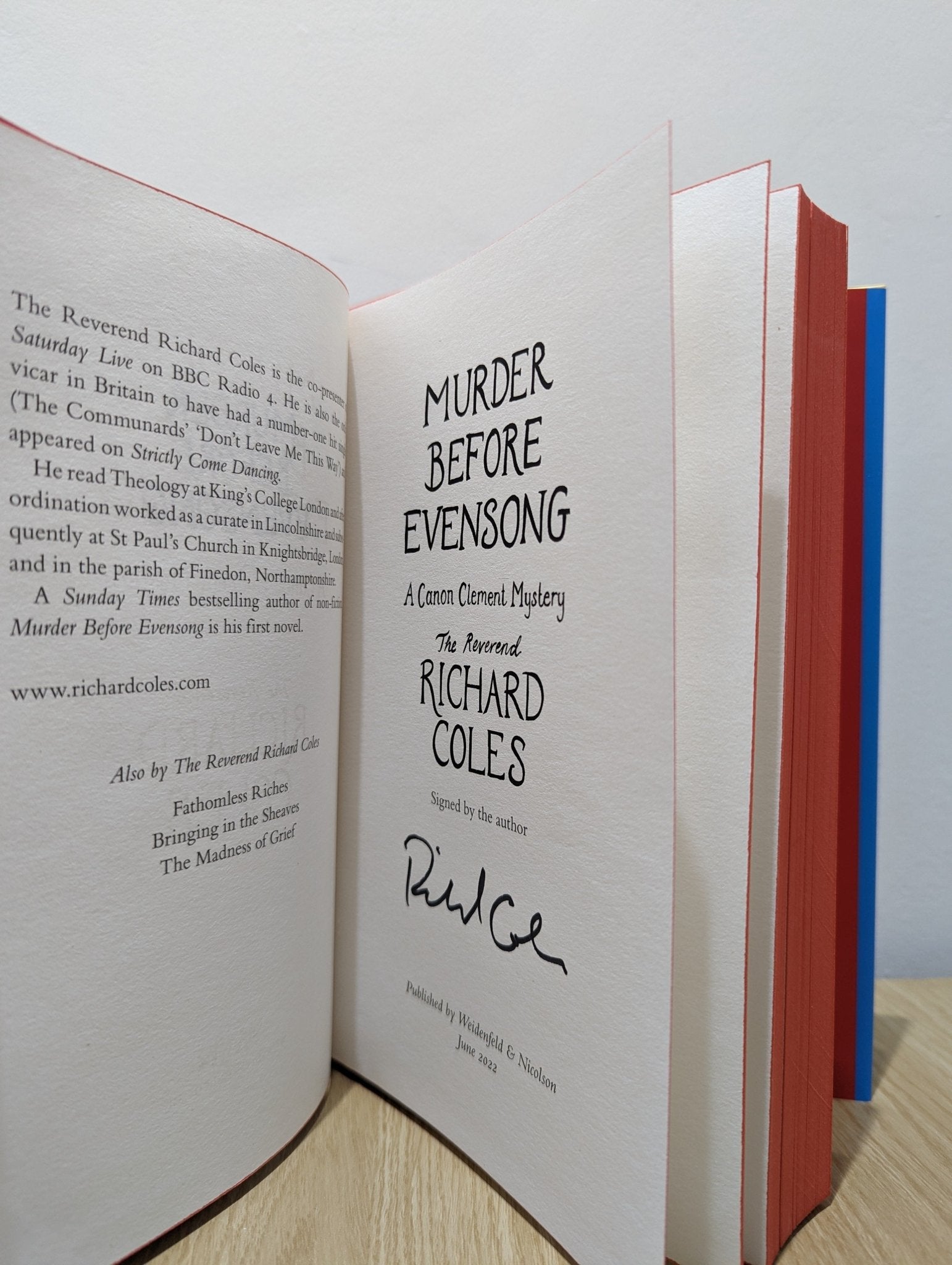 Murder Before Evensong by Reverend Richard Coles (Signed First Edition with sprayed edges) - Fialta Books