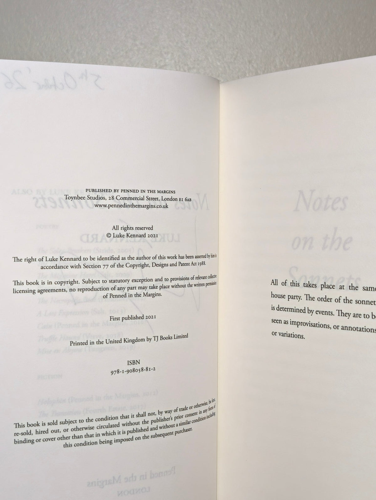 Notes on the Sonnets by Luke Kennard (Signed First Edition) - Fialta Books