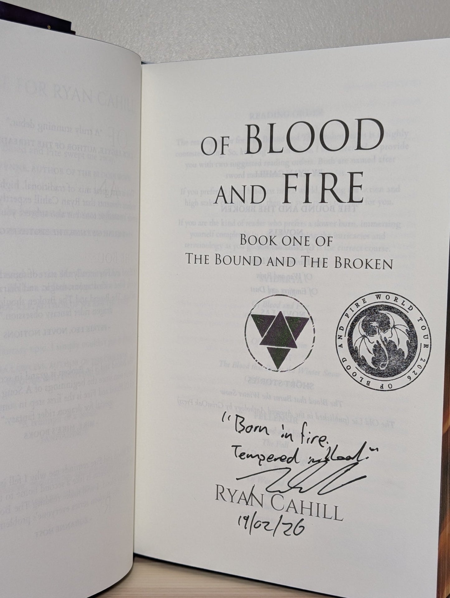 Of Blood And Fire by Ryan Cahill (Signed Lined with sprayed edges and tour jacket) - Fialta Books