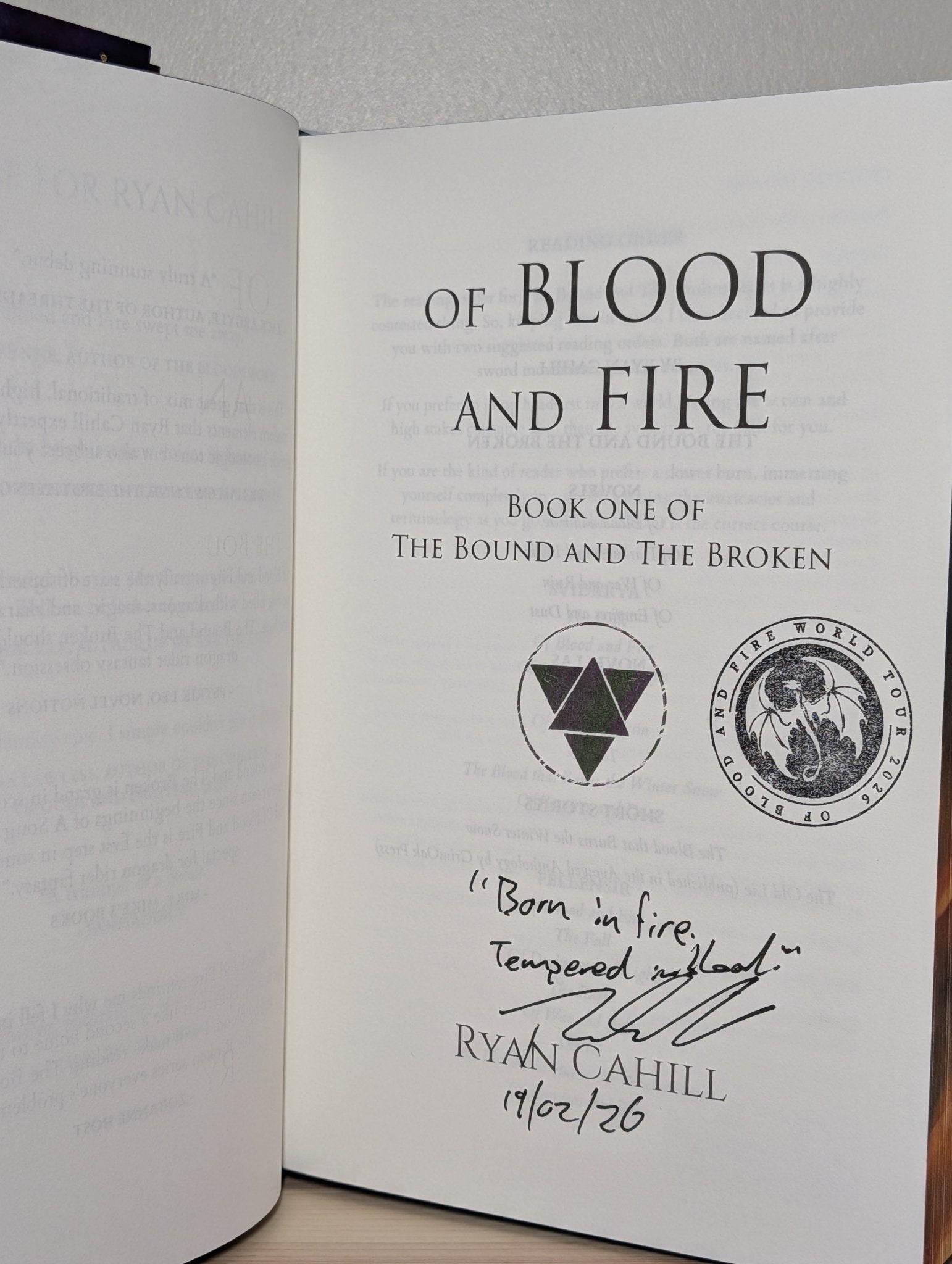Of Blood And Fire by Ryan Cahill (Signed Lined with sprayed edges and tour jacket) - Fialta Books