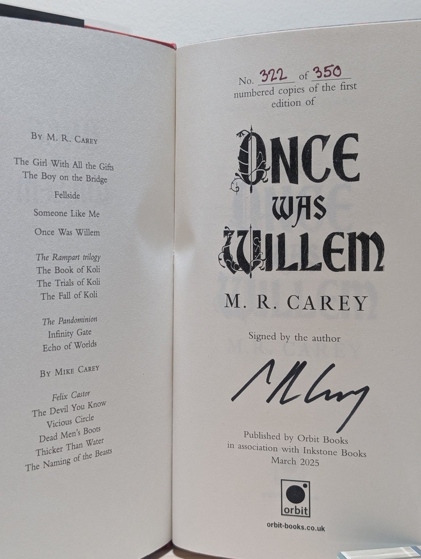 Once Was Willem by M. R. Carey (Signed First Edition with sprayed edges) - Fialta Books