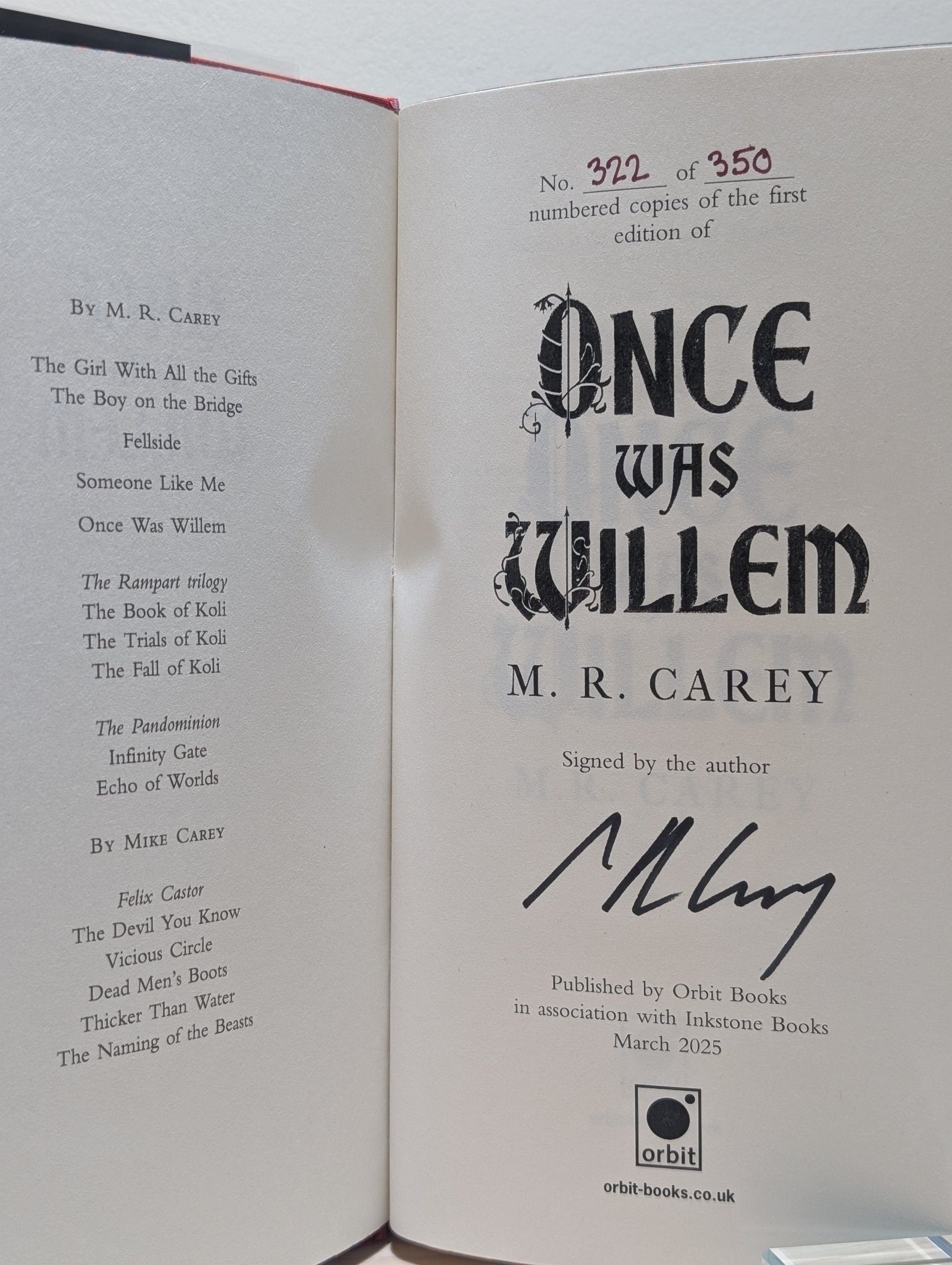 Once Was Willem by M. R. Carey (Signed First Edition with sprayed edges) - Fialta Books