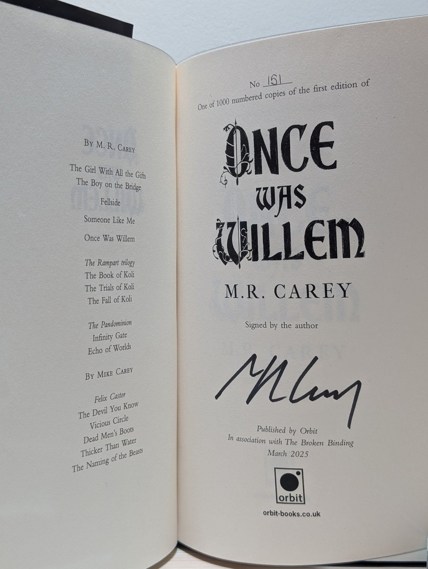 Once Was Willem by M. R. Carey (Signed Numbered First Edition with sprayed edges) - Fialta Books