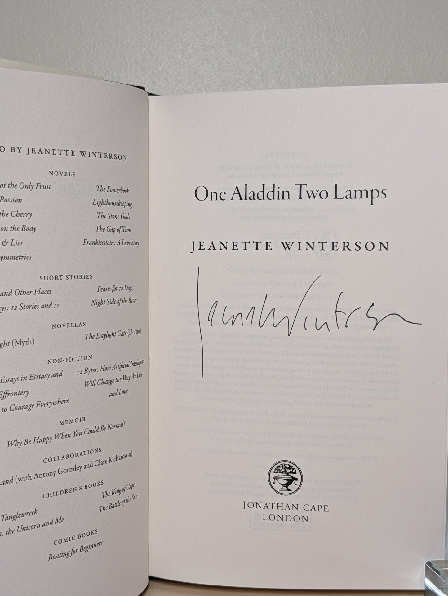 One Aladdin Two Lamps by Jeanette Winterson (Signed First Edition) - Fialta Books
