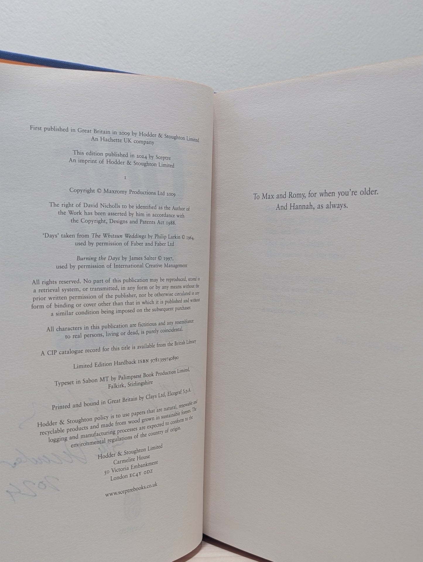 One Day by David Nicholls (Signed Dated Collector's Edition) - Fialta Books