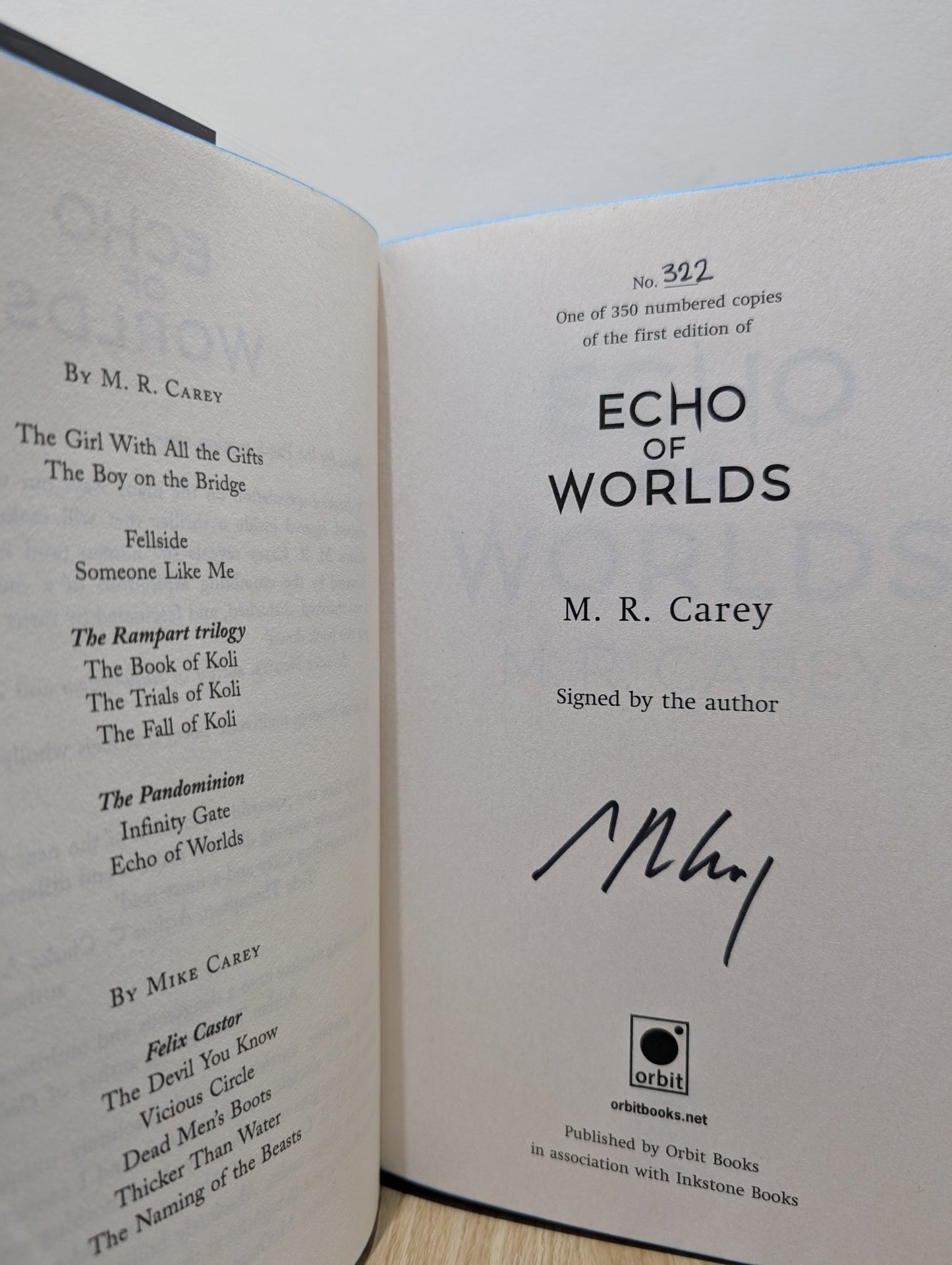 Pandominion 1 - 2: Infinity Gate; Echo of Worlds by M. R. Carey (Signed Set with sprayed edges) - Fialta Books
