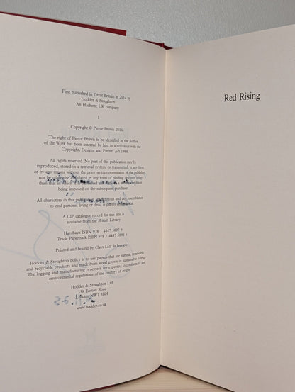 Red Rising by Pierce Brown (Signed Lined First Edition) - Fialta Books