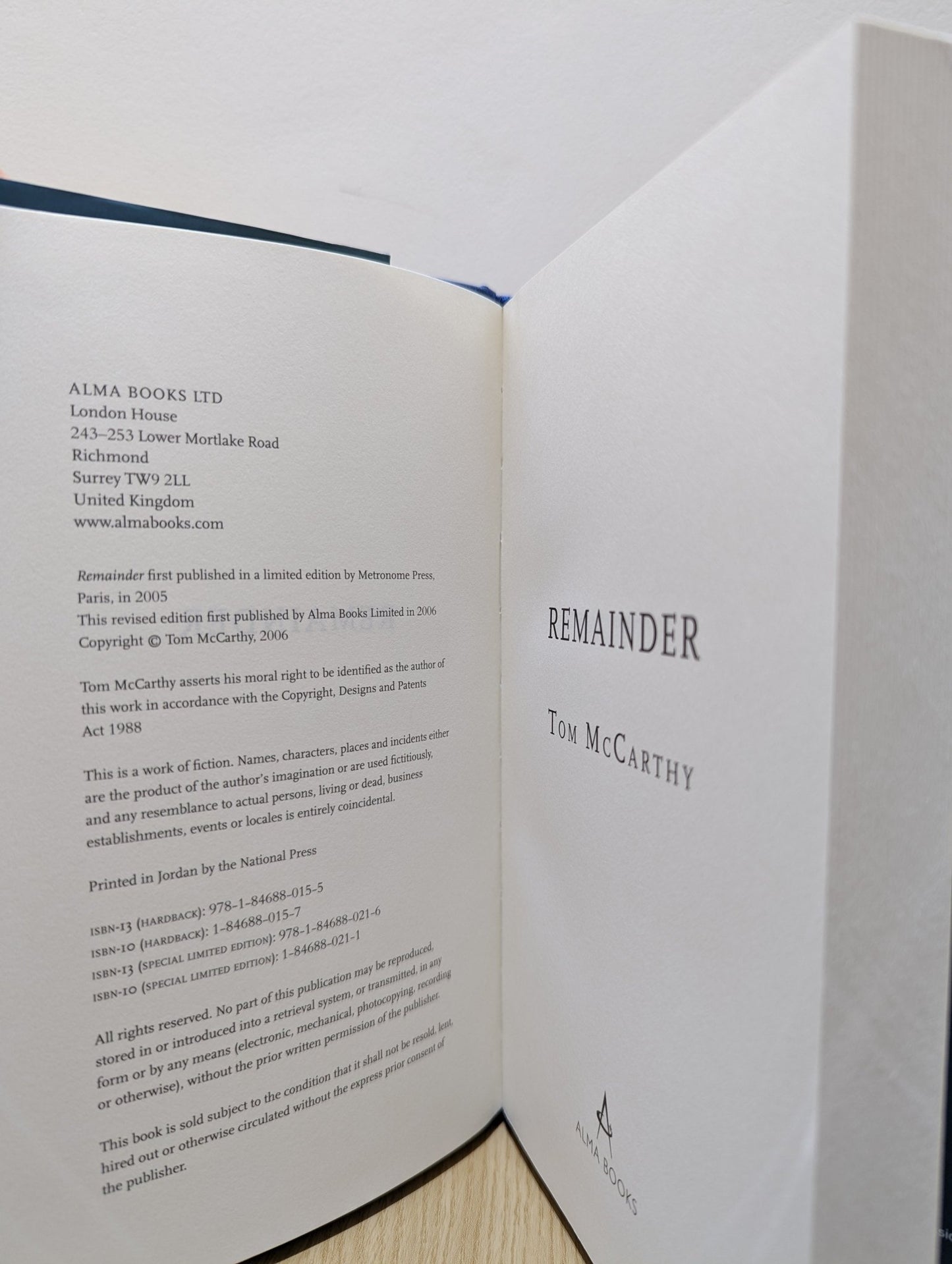 Remainder by Tom McCarthy (First Edition) - Fialta Books