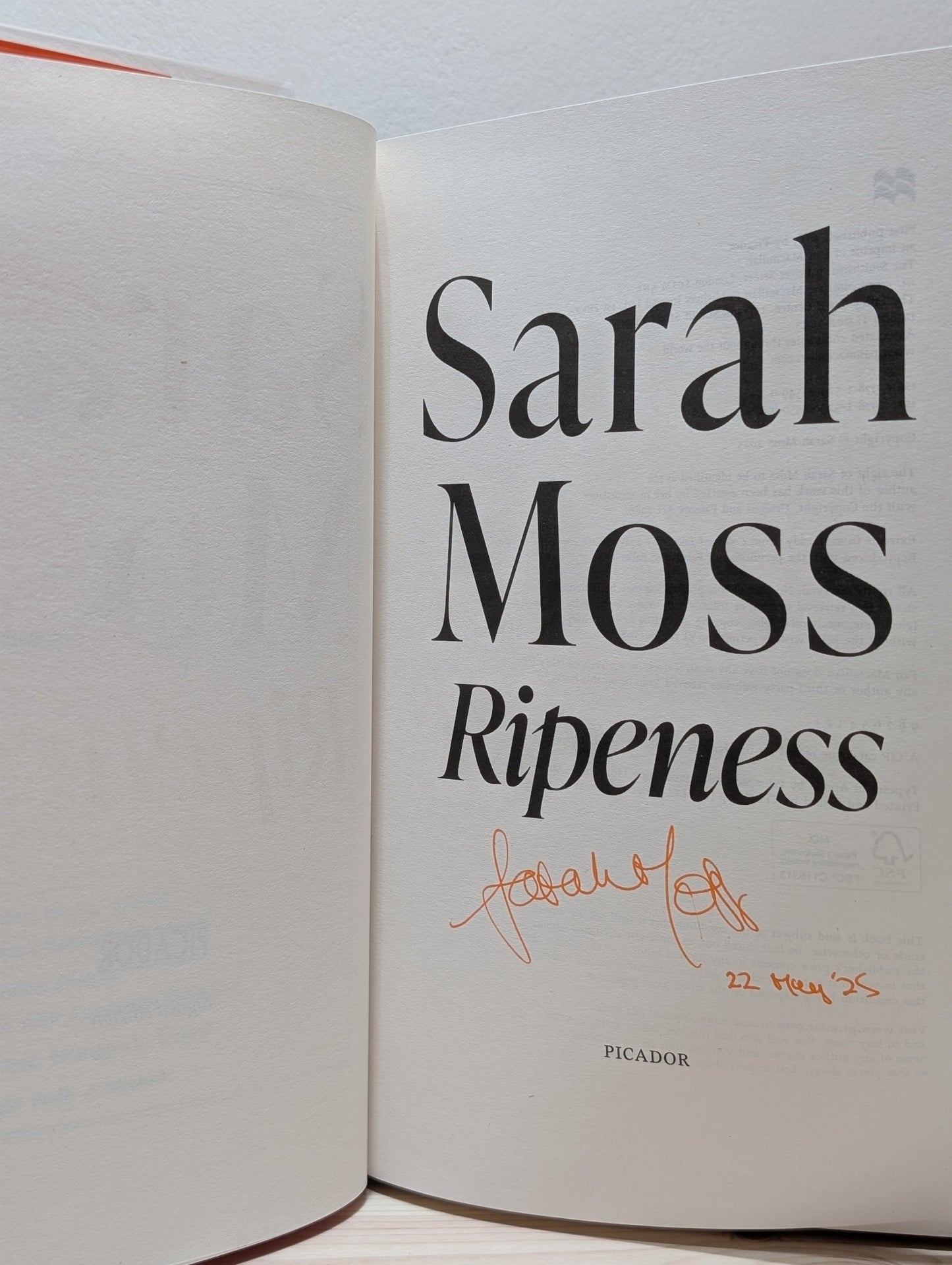 Ripeness by Sarah Moss (Signed Dated First Edition) - Fialta Books