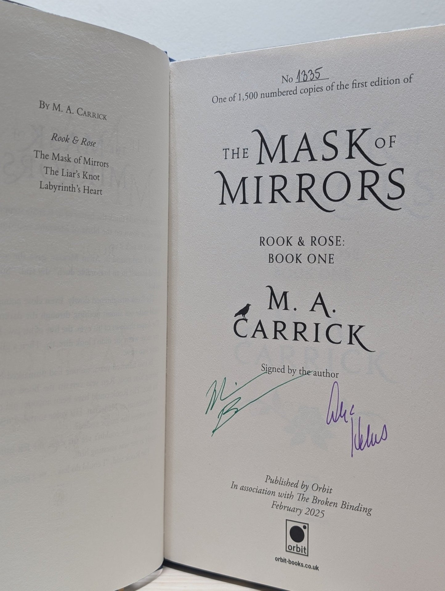 Rook & Rose Series: The Mask of Mirrors; The Liar's Knot; Labyrinth's Heart by M.A. Carrick (Signed with sprayed edges) - Fialta Books