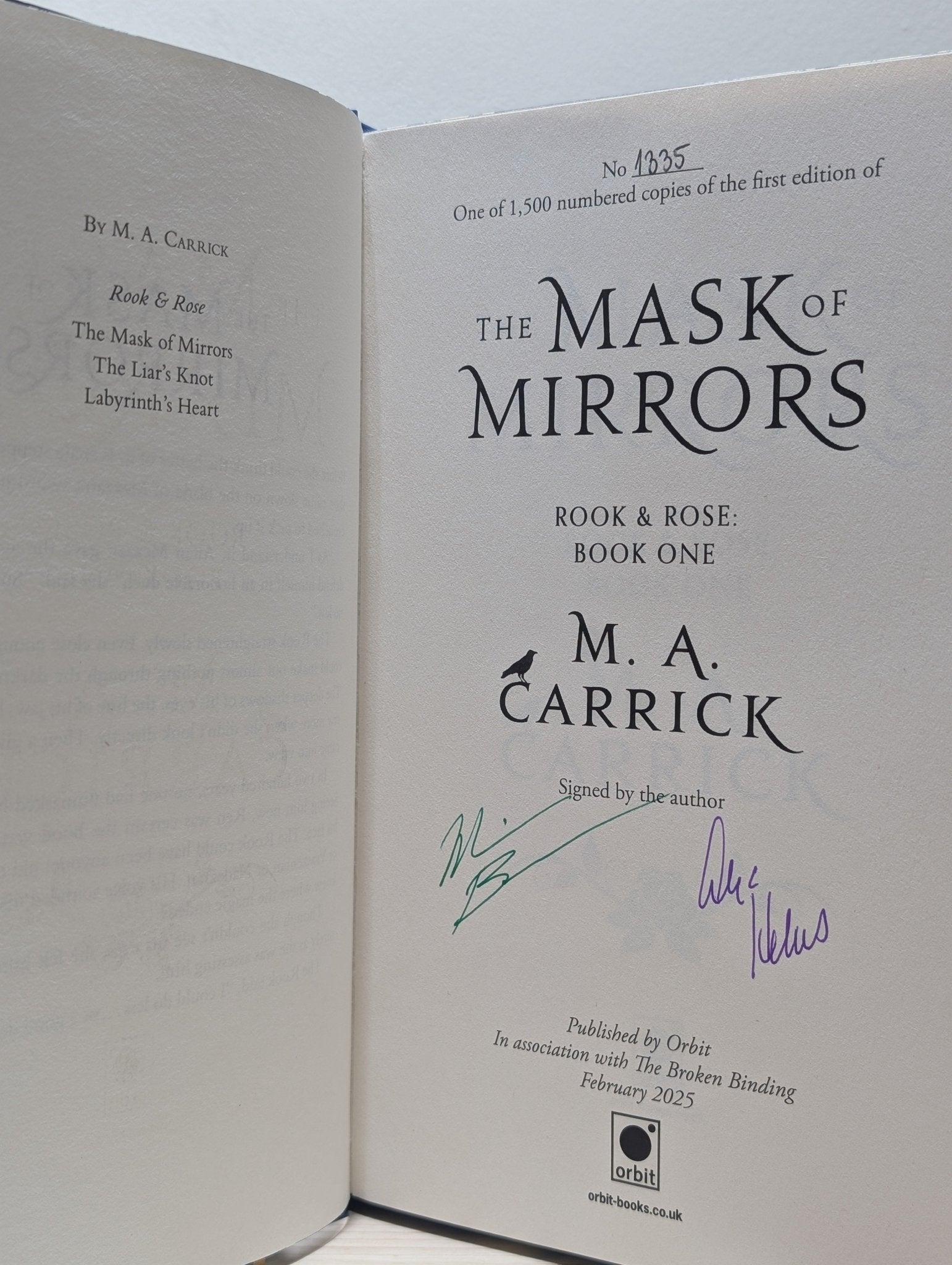 Rook & Rose Series: The Mask of Mirrors; The Liar's Knot; Labyrinth's Heart by M.A. Carrick (Signed with sprayed edges) - Fialta Books