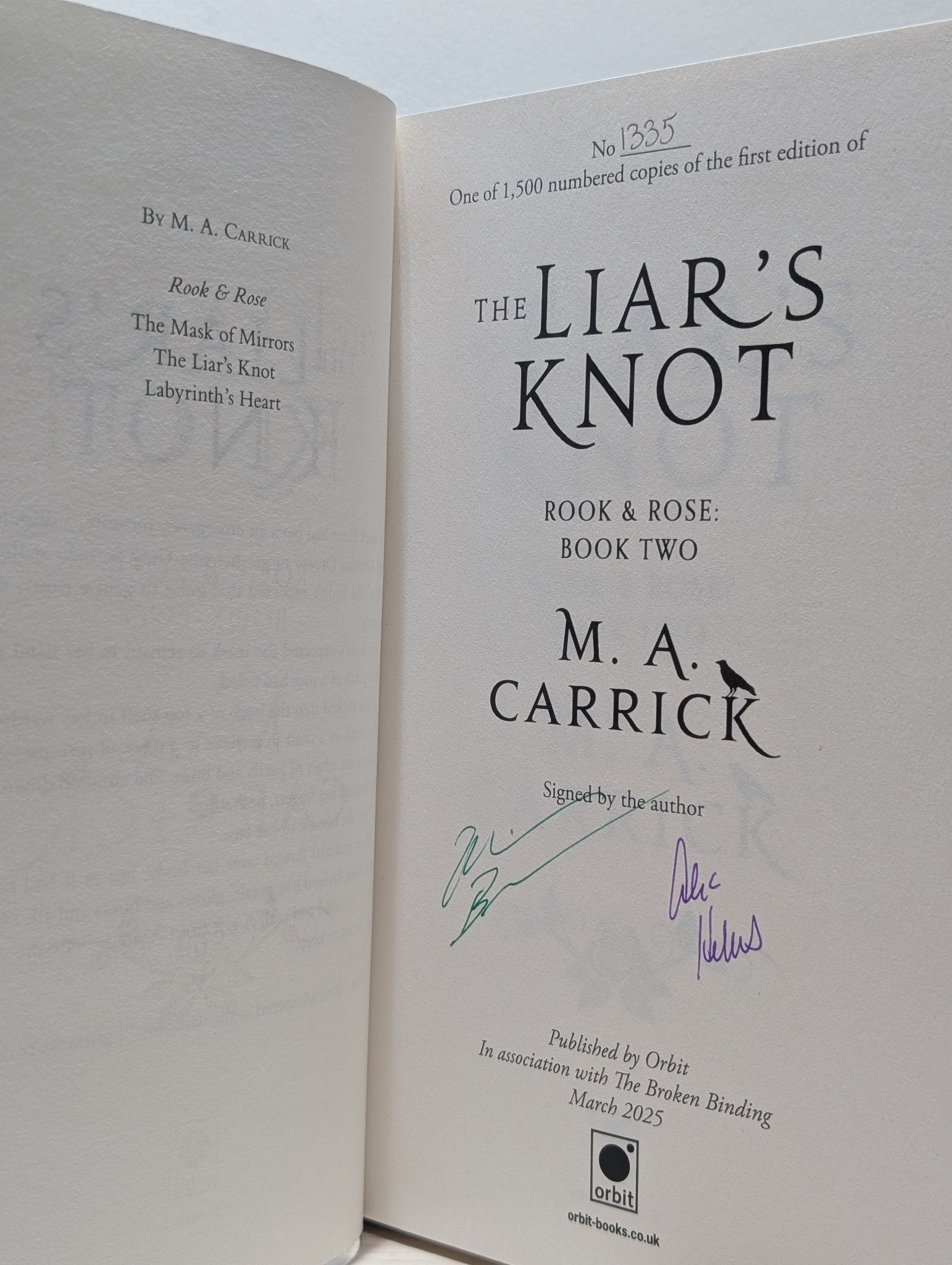 Rook & Rose Series: The Mask of Mirrors; The Liar's Knot; Labyrinth's Heart by M.A. Carrick (Signed with sprayed edges) - Fialta Books