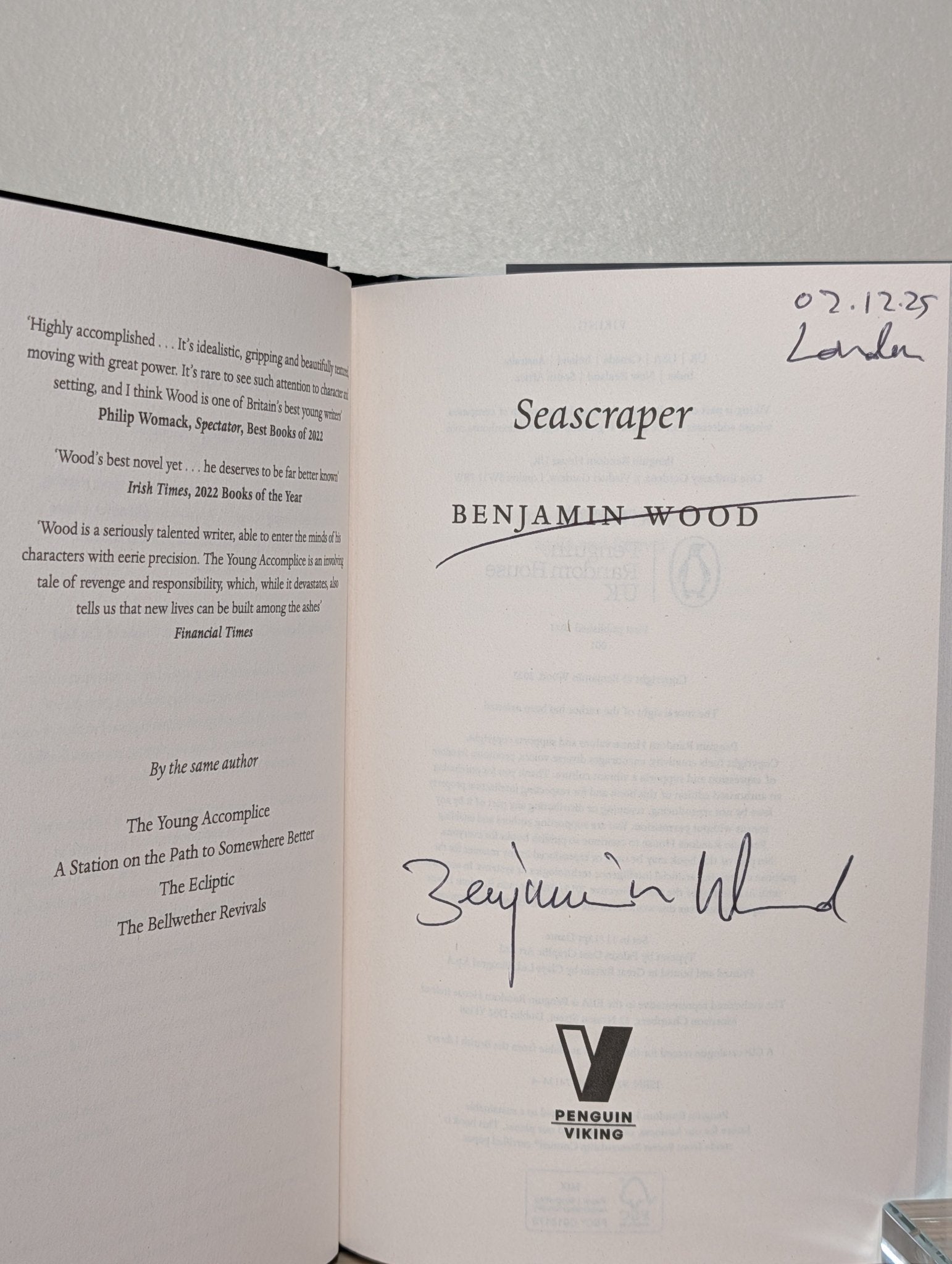 Seascraper by Benjamin Wood (Signed Dated Located First Edition) - Fialta Books