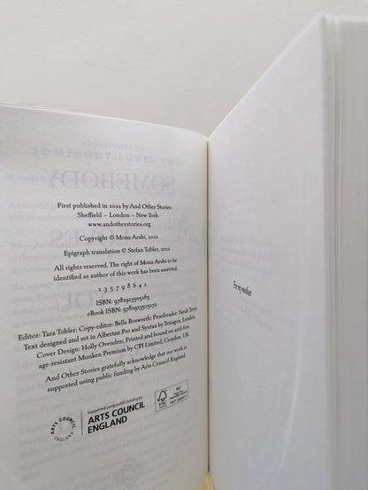 Somebody Loves You by Mona Arshi (Signed First Edition) - Fialta Books