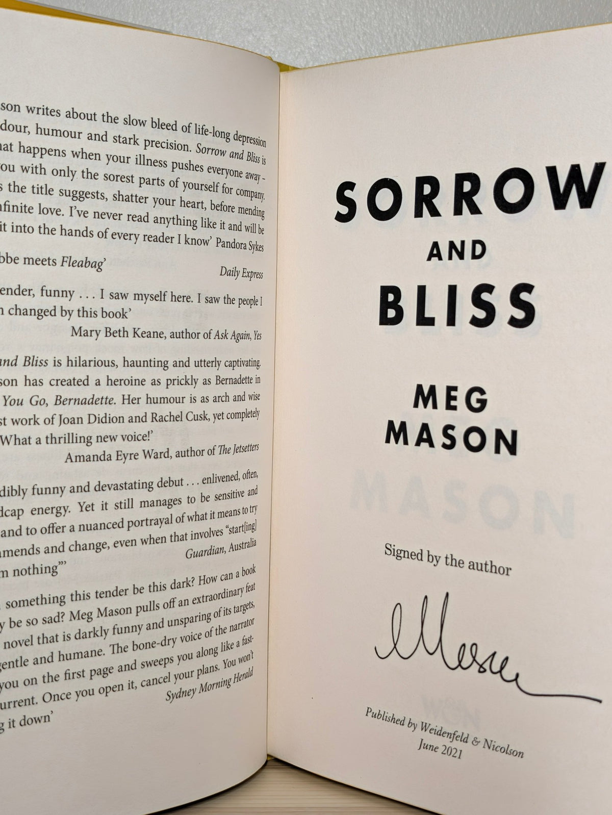 Sorrow and Bliss by Meg Mason (Signed First Edition with sprayed edges) - Fialta Books