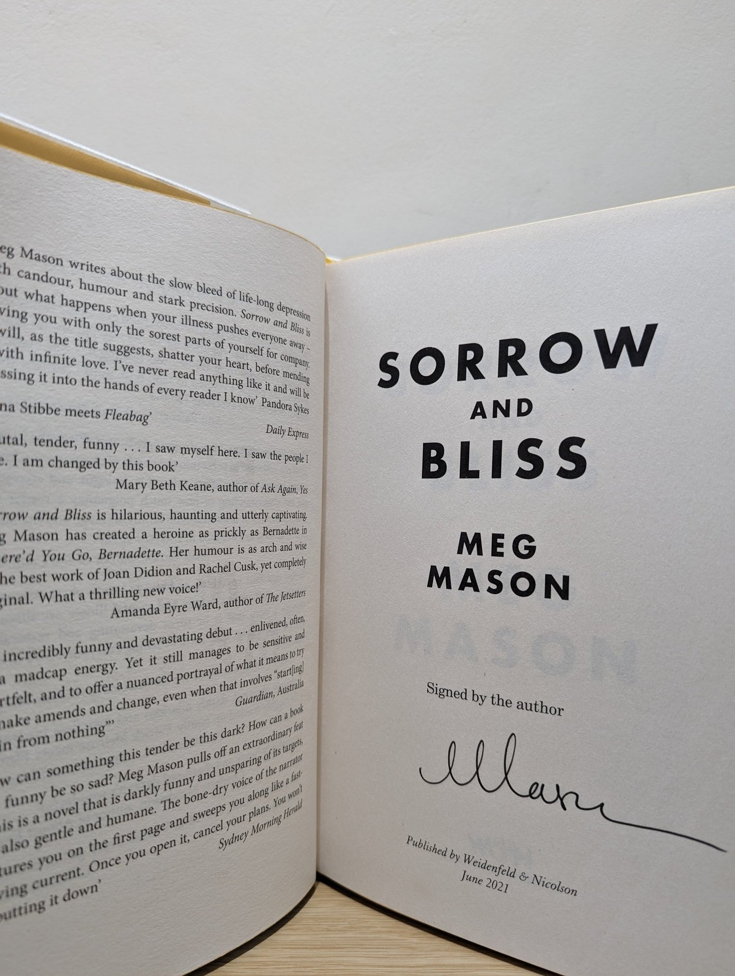 Sorrow and Bliss by Meg Mason (Signed First Edition with sprayed edges and extra essay) - Fialta Books