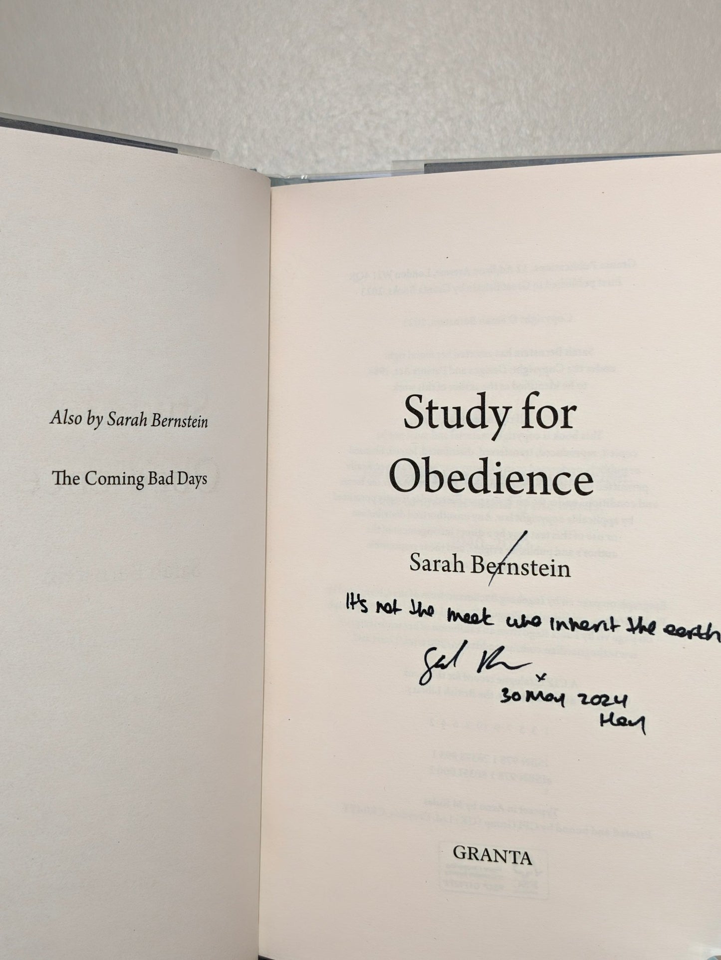 Study for Obedience by Sarah Bernstein (Signed Lined First Edition) - Fialta Books