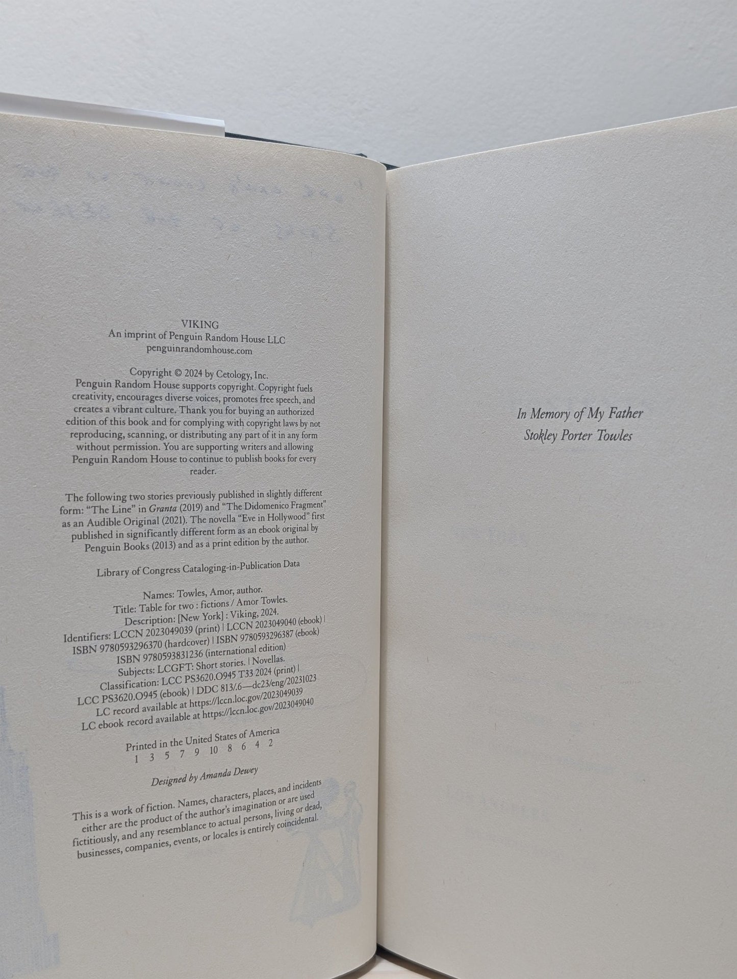 Table for Two: Fictions by Amor Towles (Signed Lined Stamped First Edition) - Fialta Books