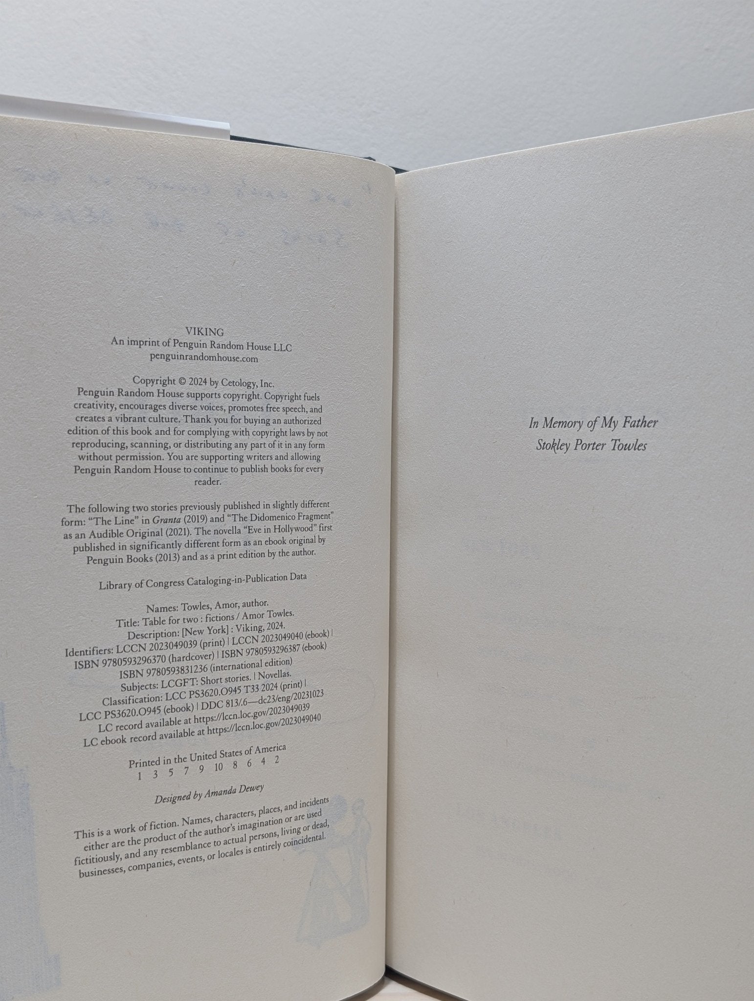 Table for Two: Fictions by Amor Towles (Signed Lined Stamped First Edition) - Fialta Books