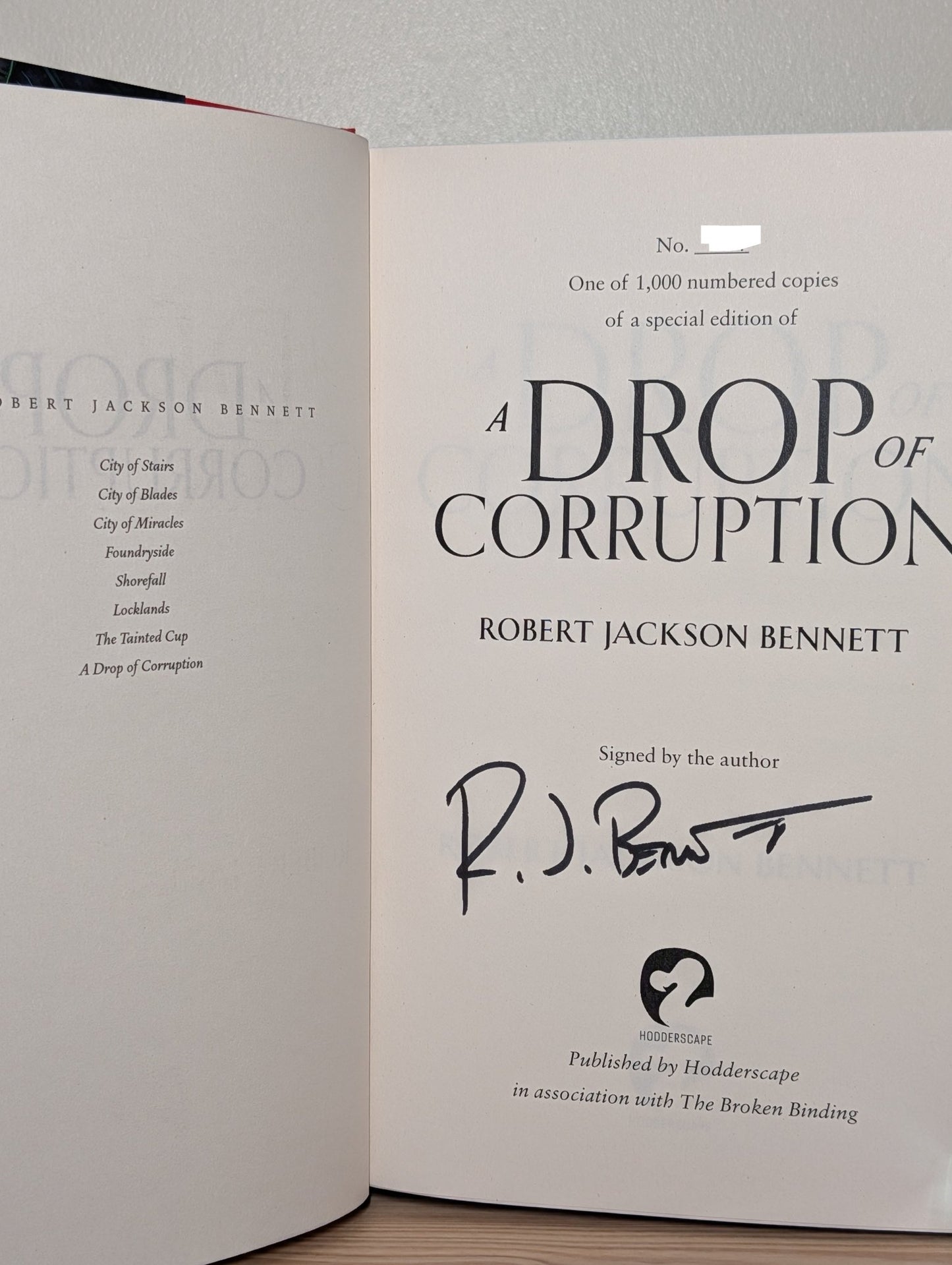 Tainted Cup; A Drop of Corruption by Robert Jackson Bennett (Signed Numbered with sprayed edges) - Fialta Books
