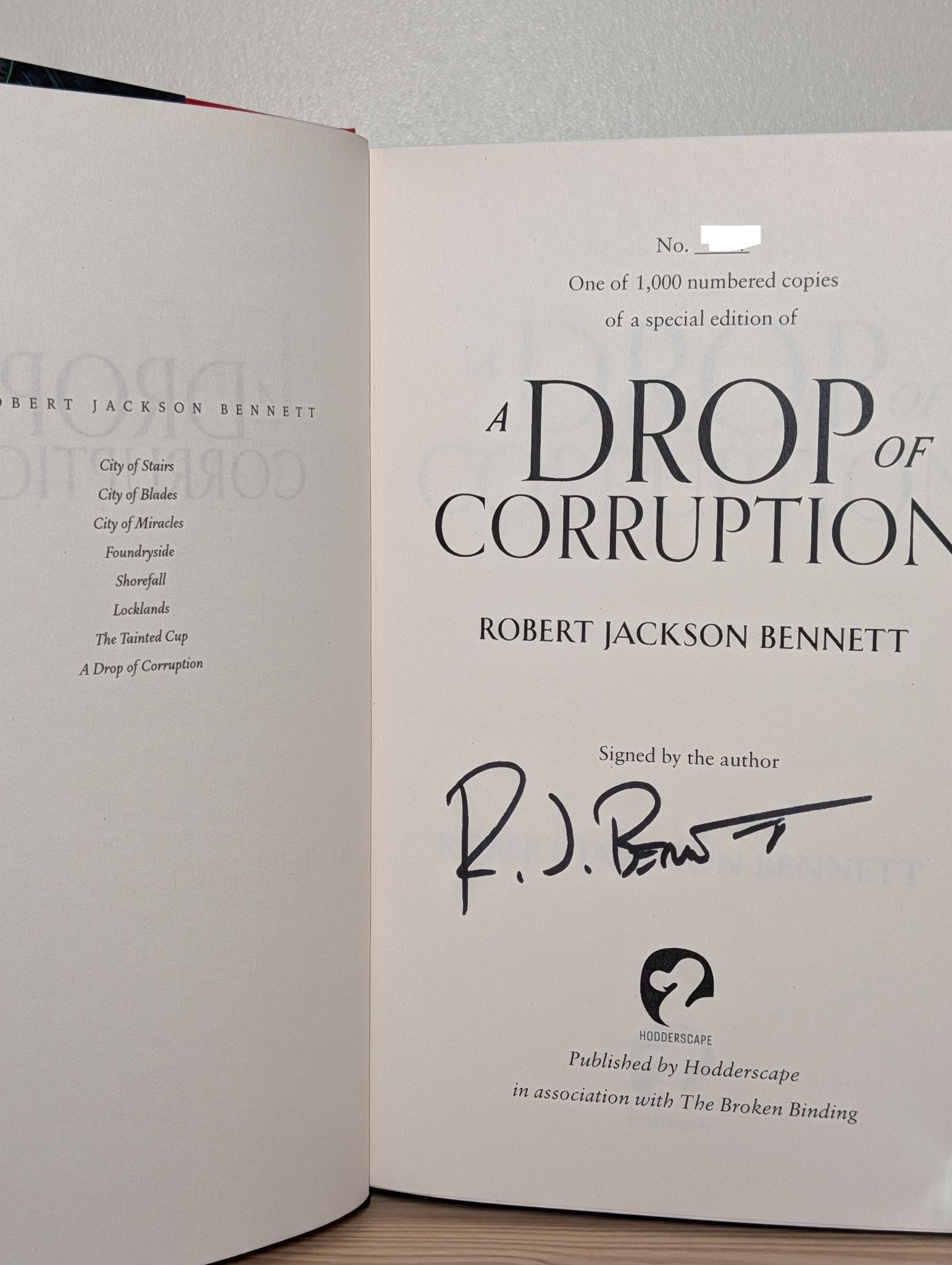 Tainted Cup; A Drop of Corruption by Robert Jackson Bennett (Signed Numbered with sprayed edges) - Fialta Books
