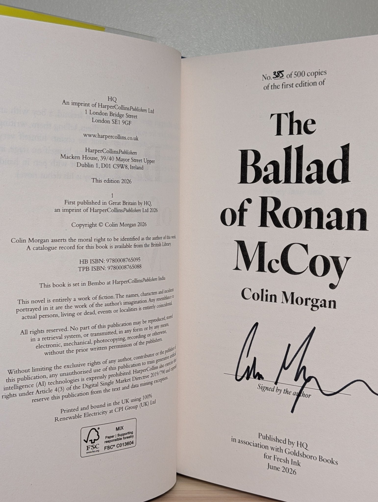 The Ballad of Ronan McCoy by Colin Morgan (Signed Numbered First Edition) - Fialta Books