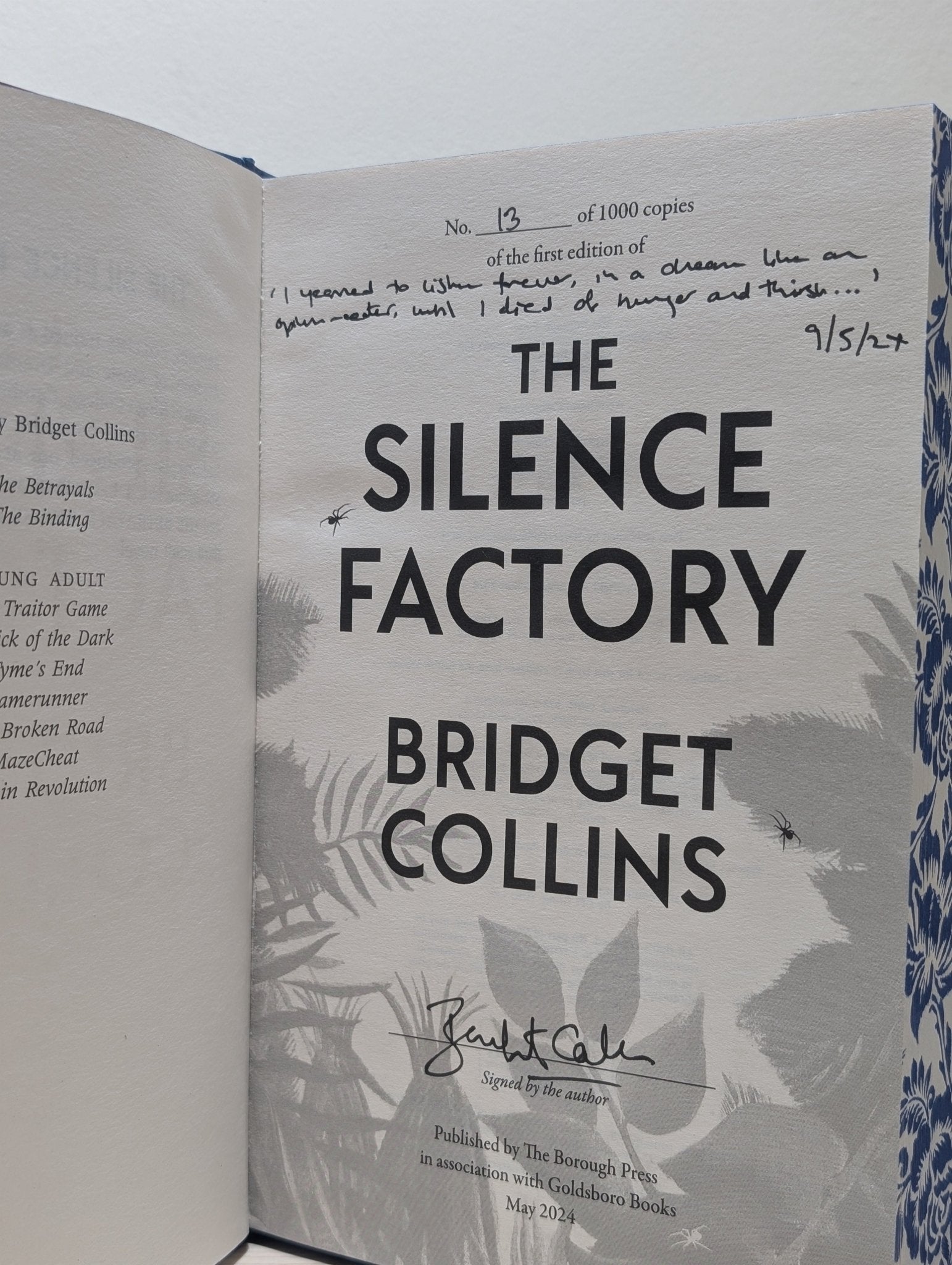 The Binding; Betrayals; Silence Factory by Bridget Collins (Signed with sprayed edges) - Fialta Books