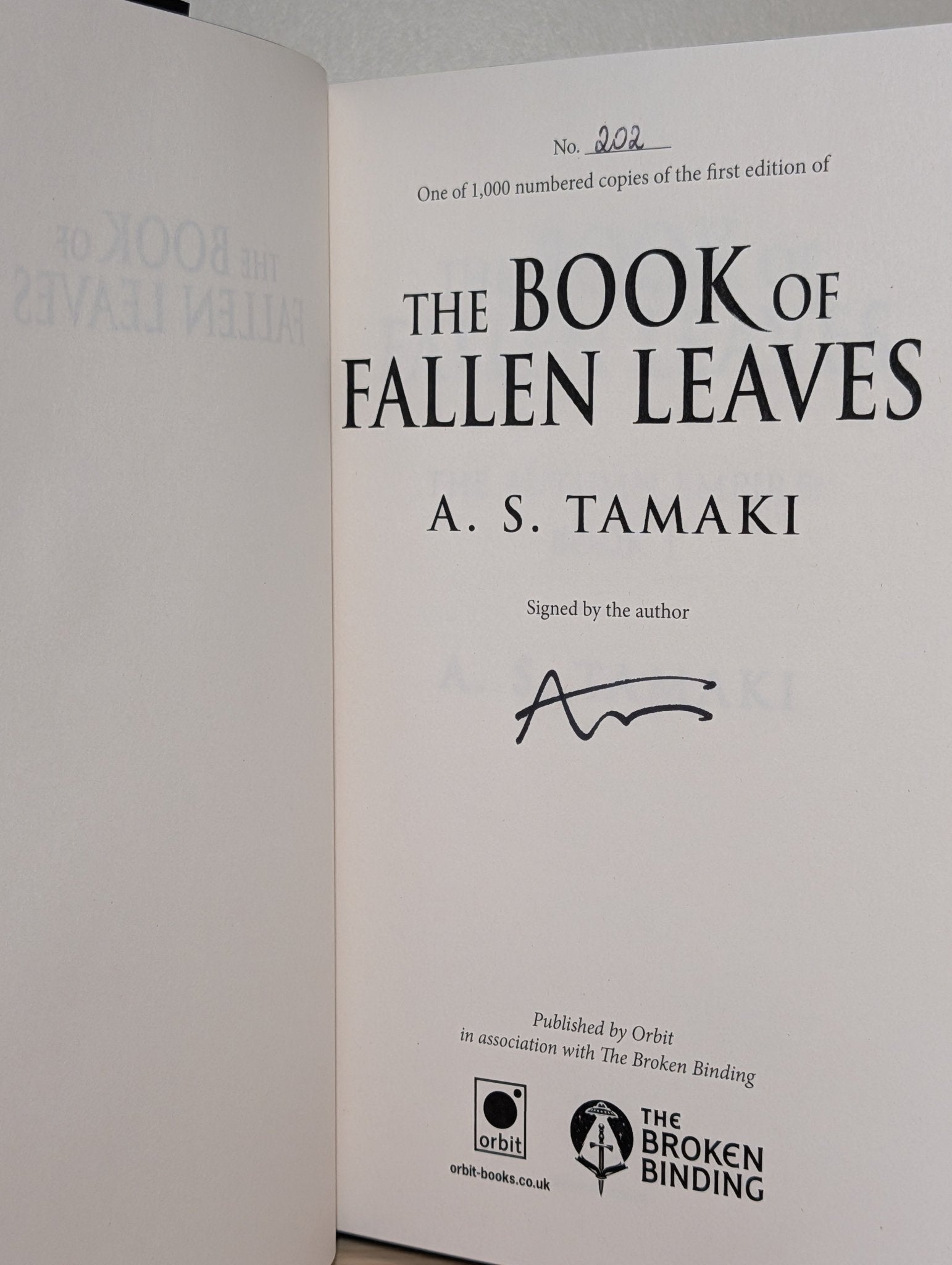 The Book of Fallen Leaves by A. S. Tamaki (Signed First Edition with sprayed edges) - Fialta Books