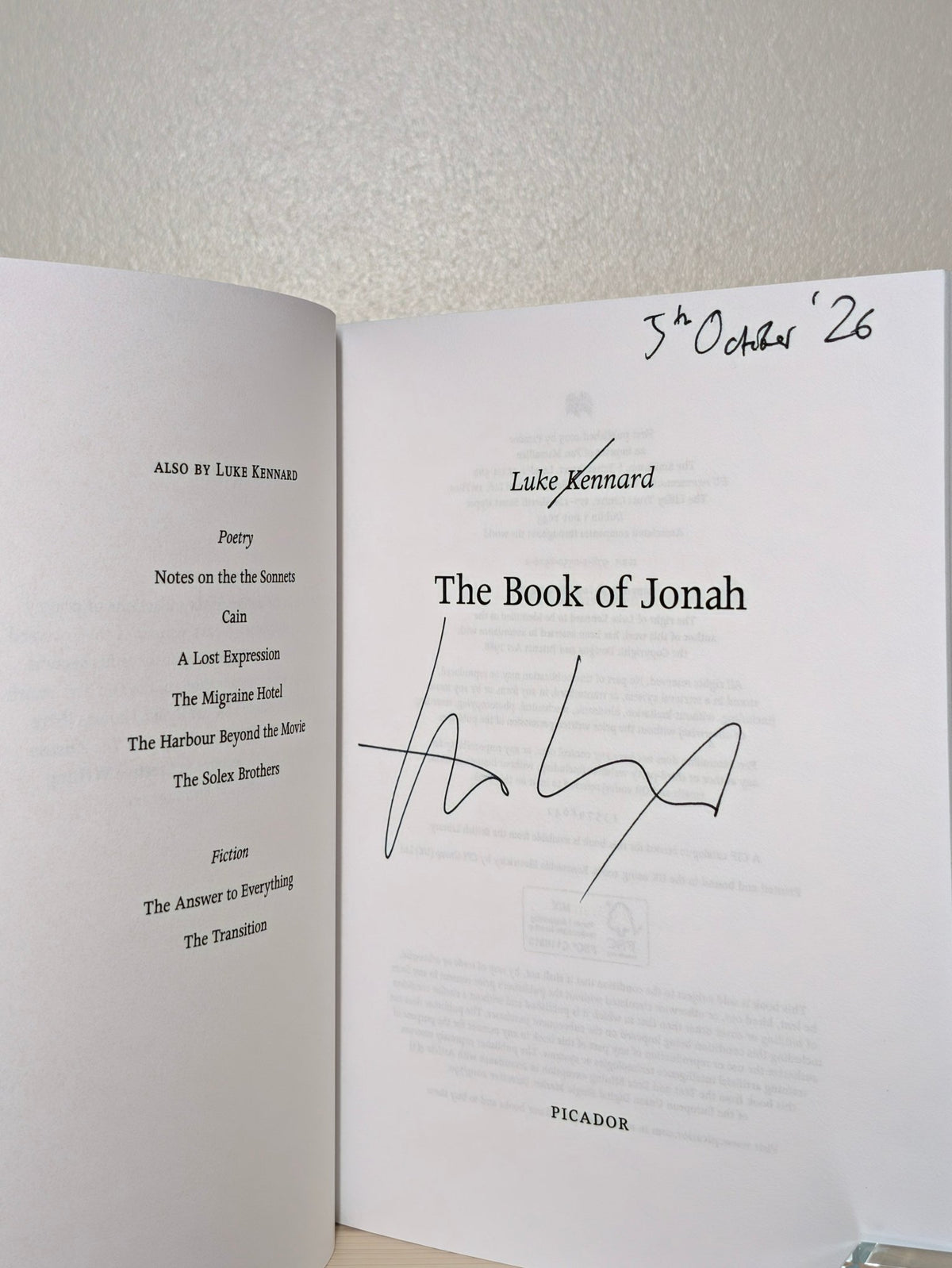 The Book of Jonah by Luke Kennard (Signed Dated First Edition) - Fialta Books