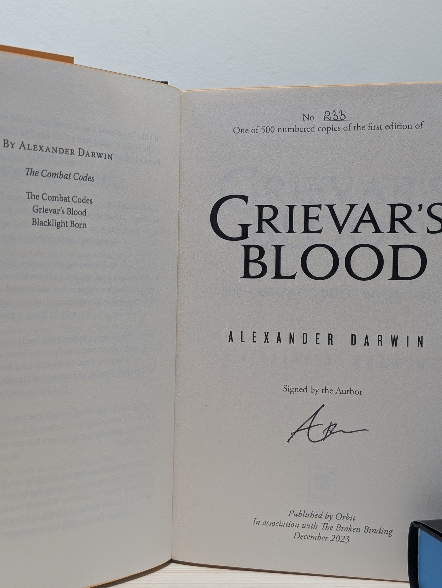 The Combat Codes; Grievar's Blood; Blacklight Born by Alexander Darwin (Signed with sprayed edges) - Fialta Books