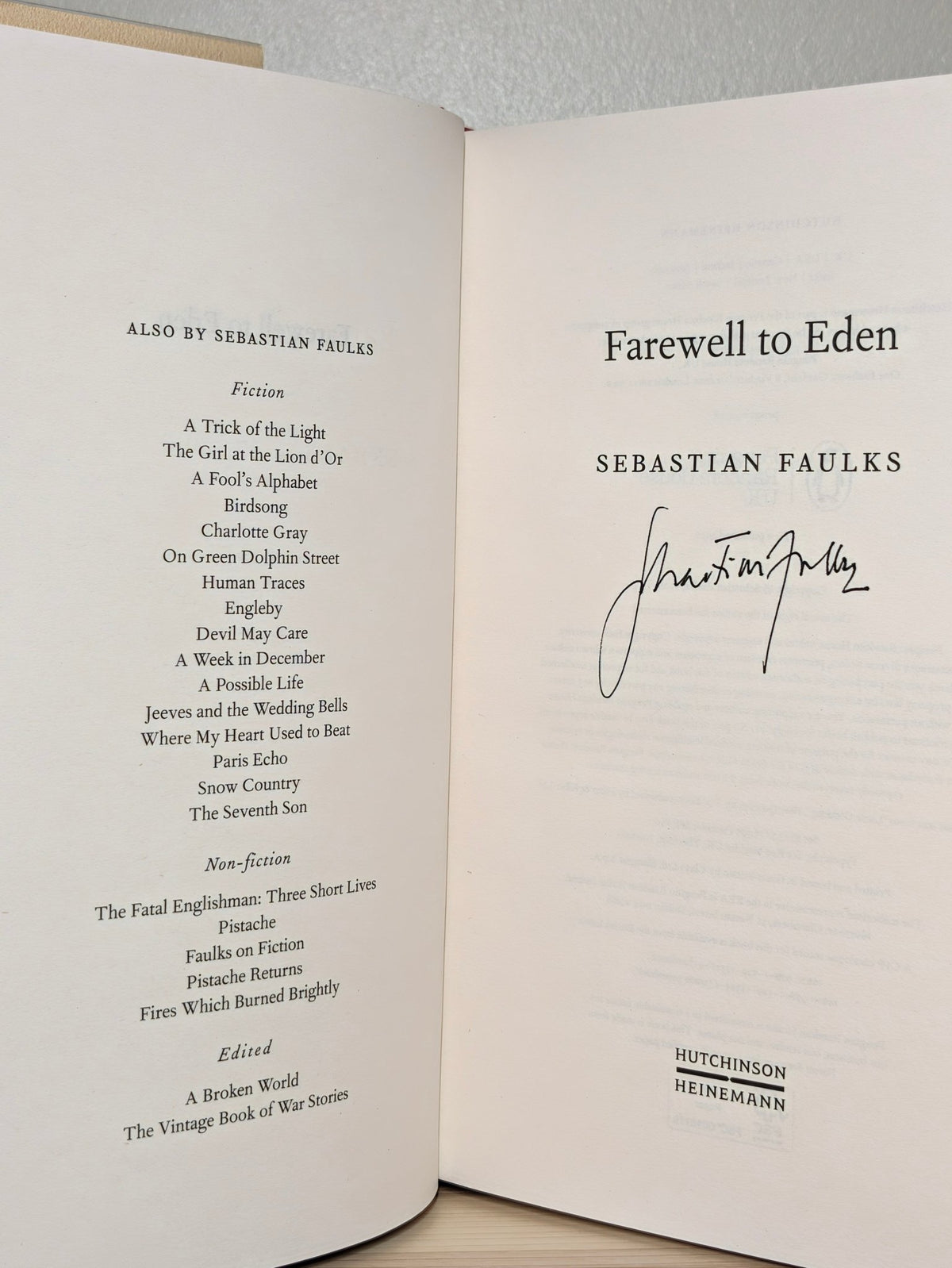 The Farewell to Eden by Sebastian Faulks (Signed First Edition) - Fialta Books
