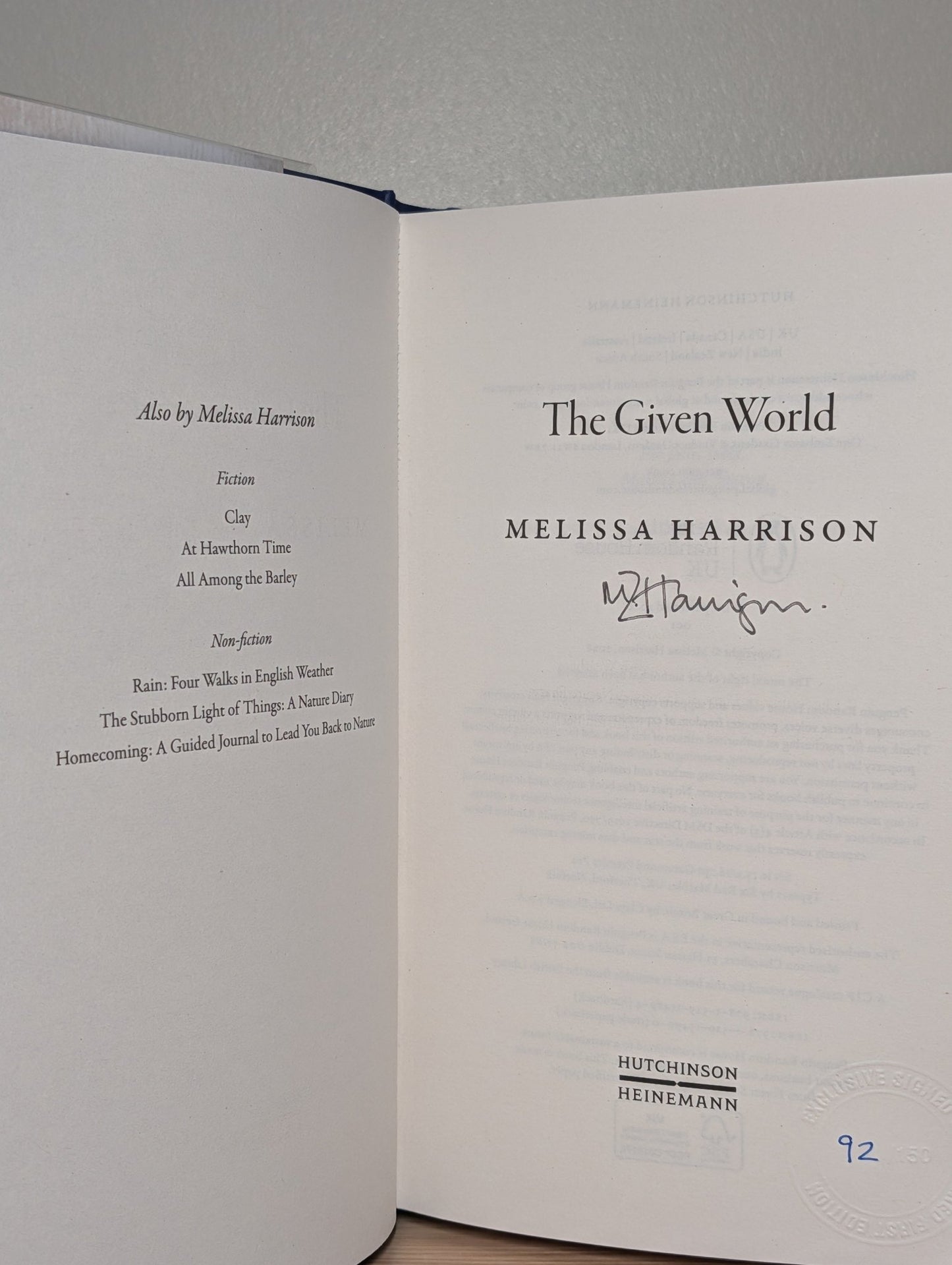 The Given World by Melissa Harrison (Signed Numbered First Edition) - Fialta Books