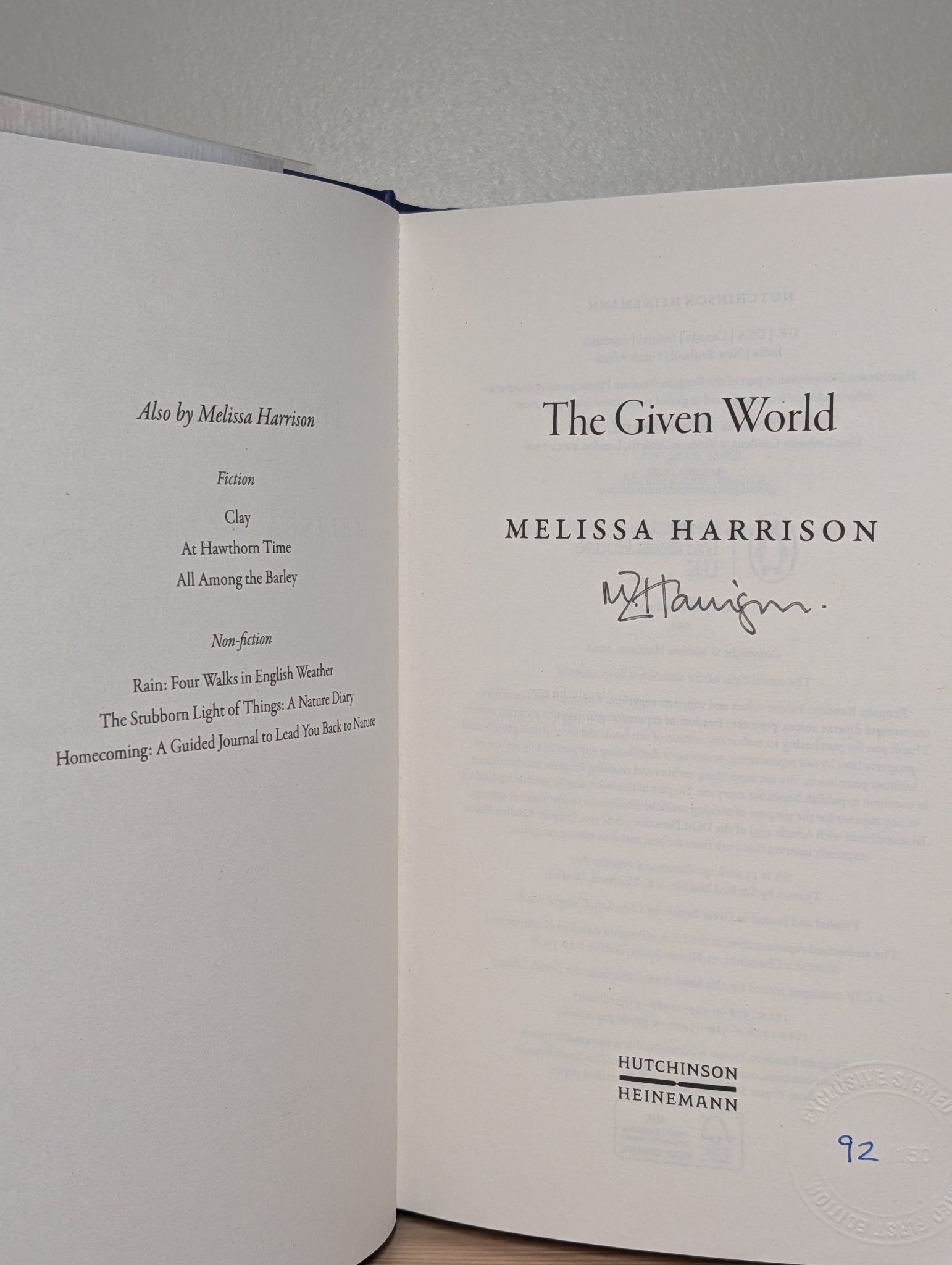 The Given World by Melissa Harrison (Signed Numbered First Edition) - Fialta Books