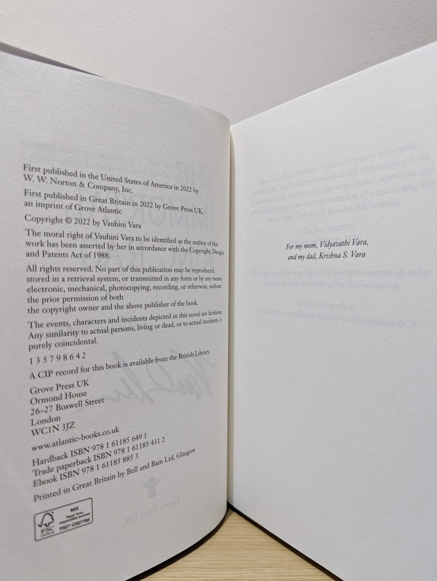 The Immortal King Rao by Vauhini Vara (Signed First Edition) - Fialta Books