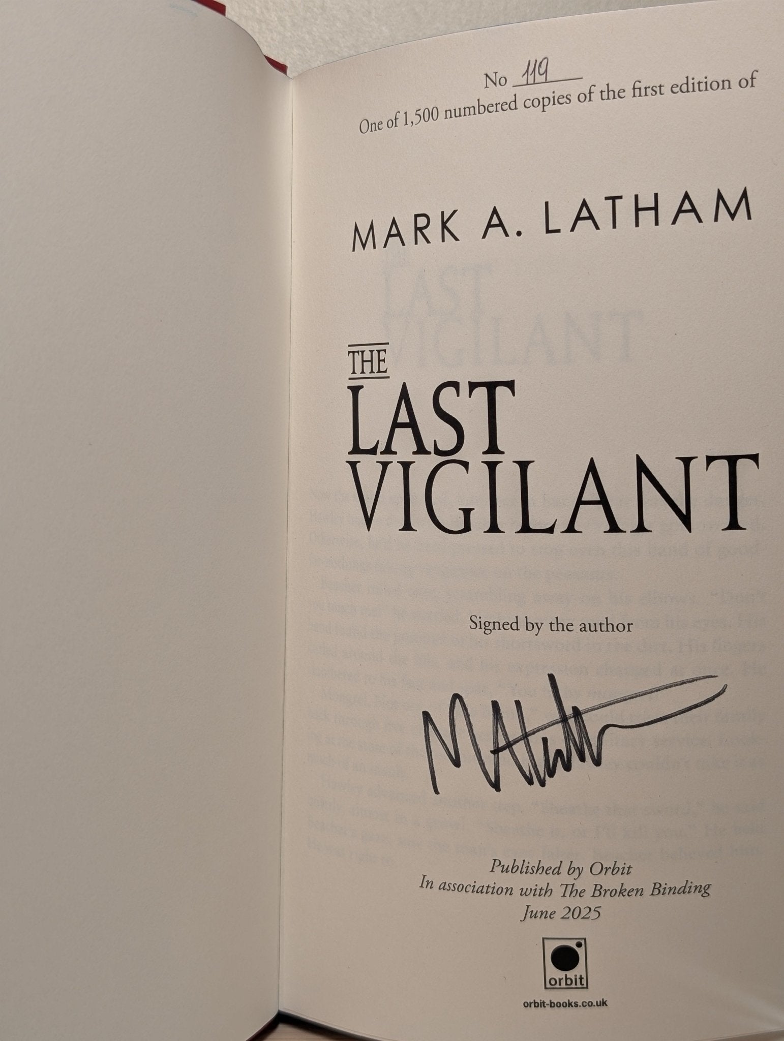 The Last Vigilant by Mark A. Latham (Signed First Edition with sprayed edges) - Fialta Books