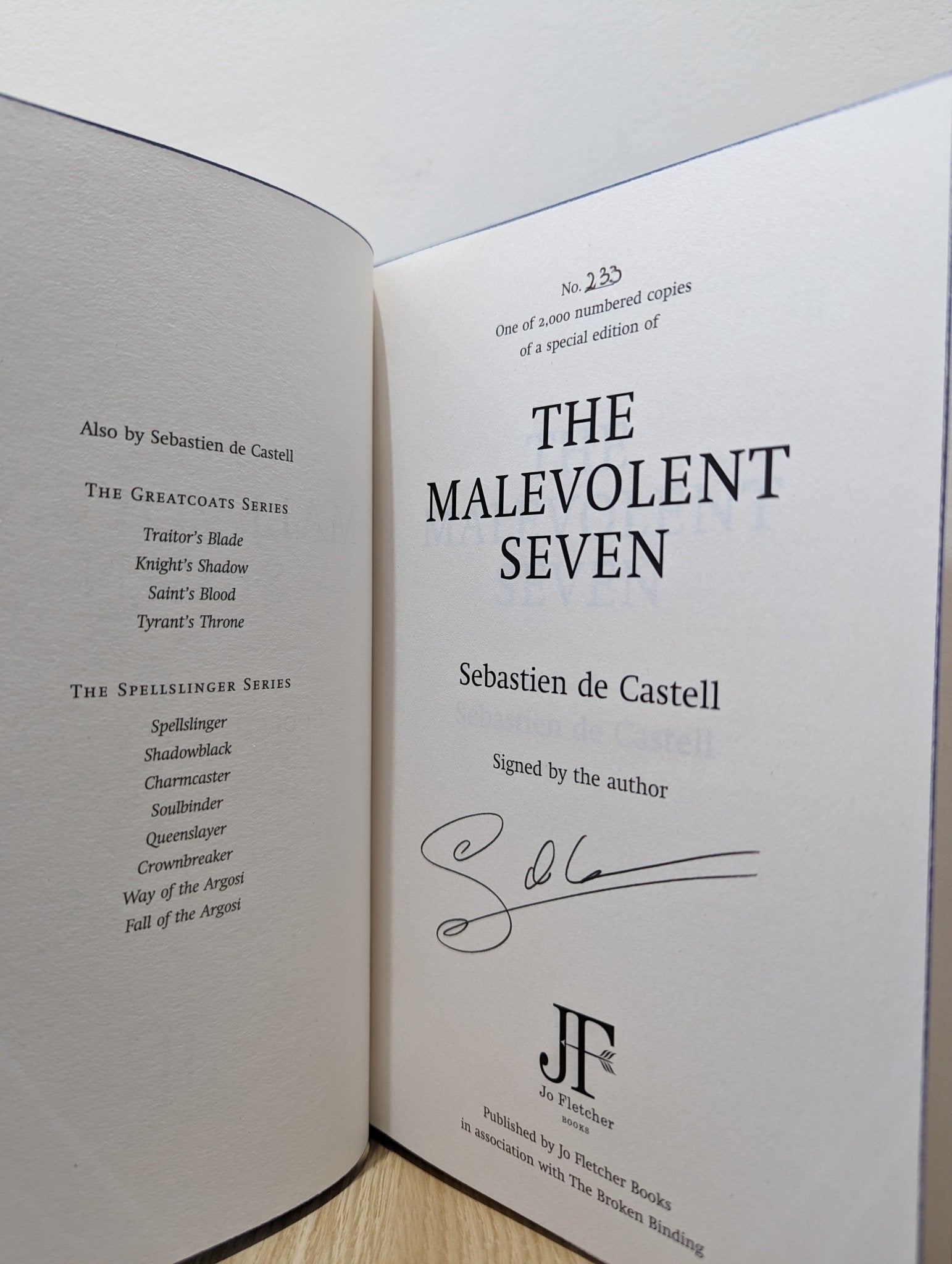 The Malevolent Seven by Sebastien De Castell (Signed First Edition with sprayed edges) - Fialta Books