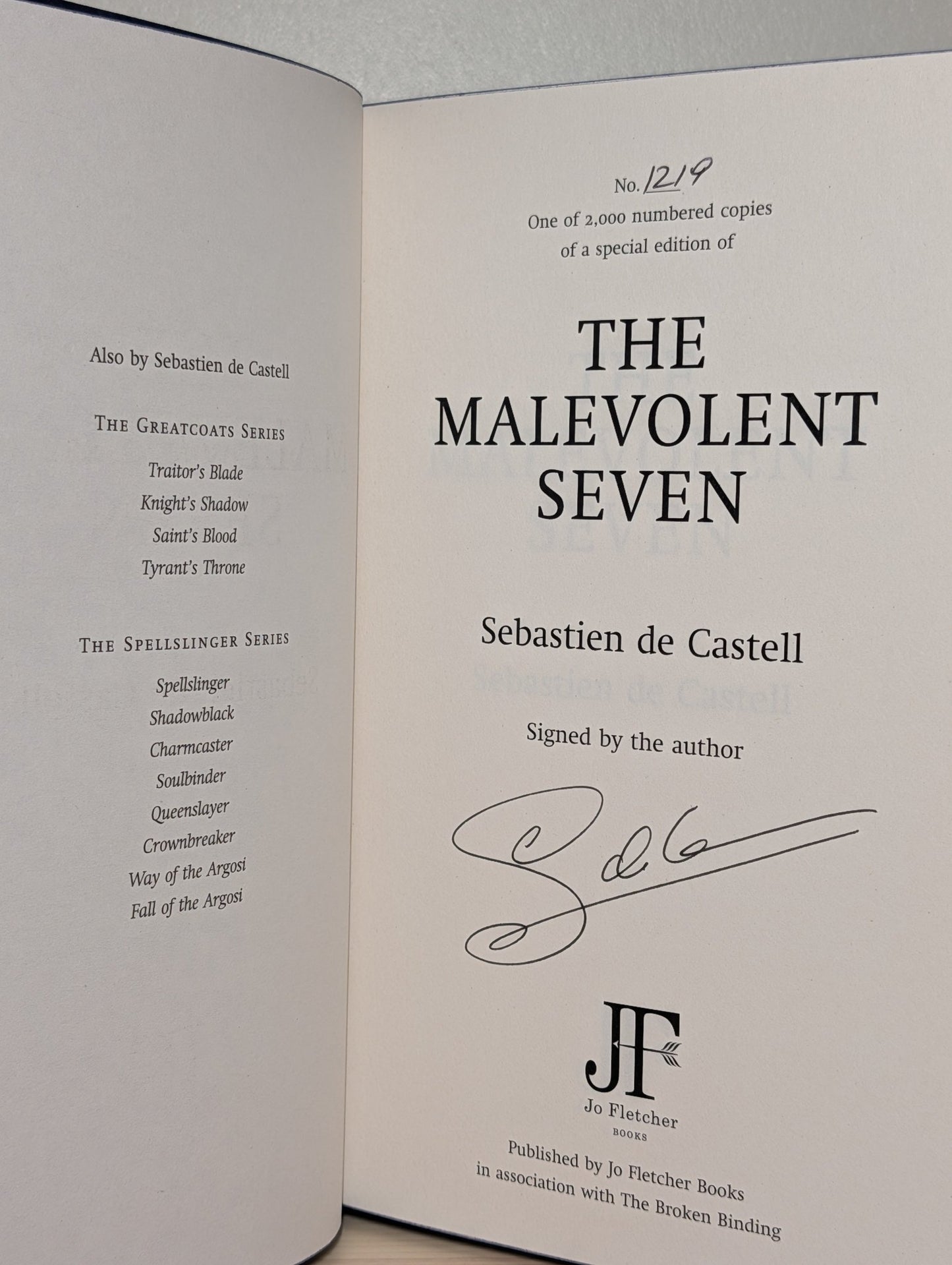 The Malevolent Seven by Sebastien De Castell (Signed First Edition with sprayed edges) - Fialta Books