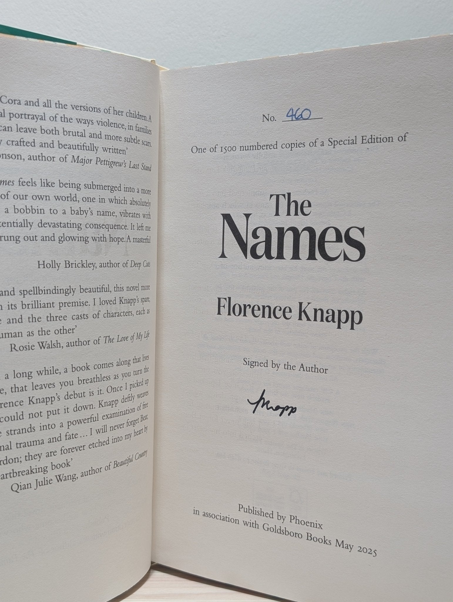 The Names by Florence Knapp (Signed Numbered First Edition with sprayed edges) - Fialta Books