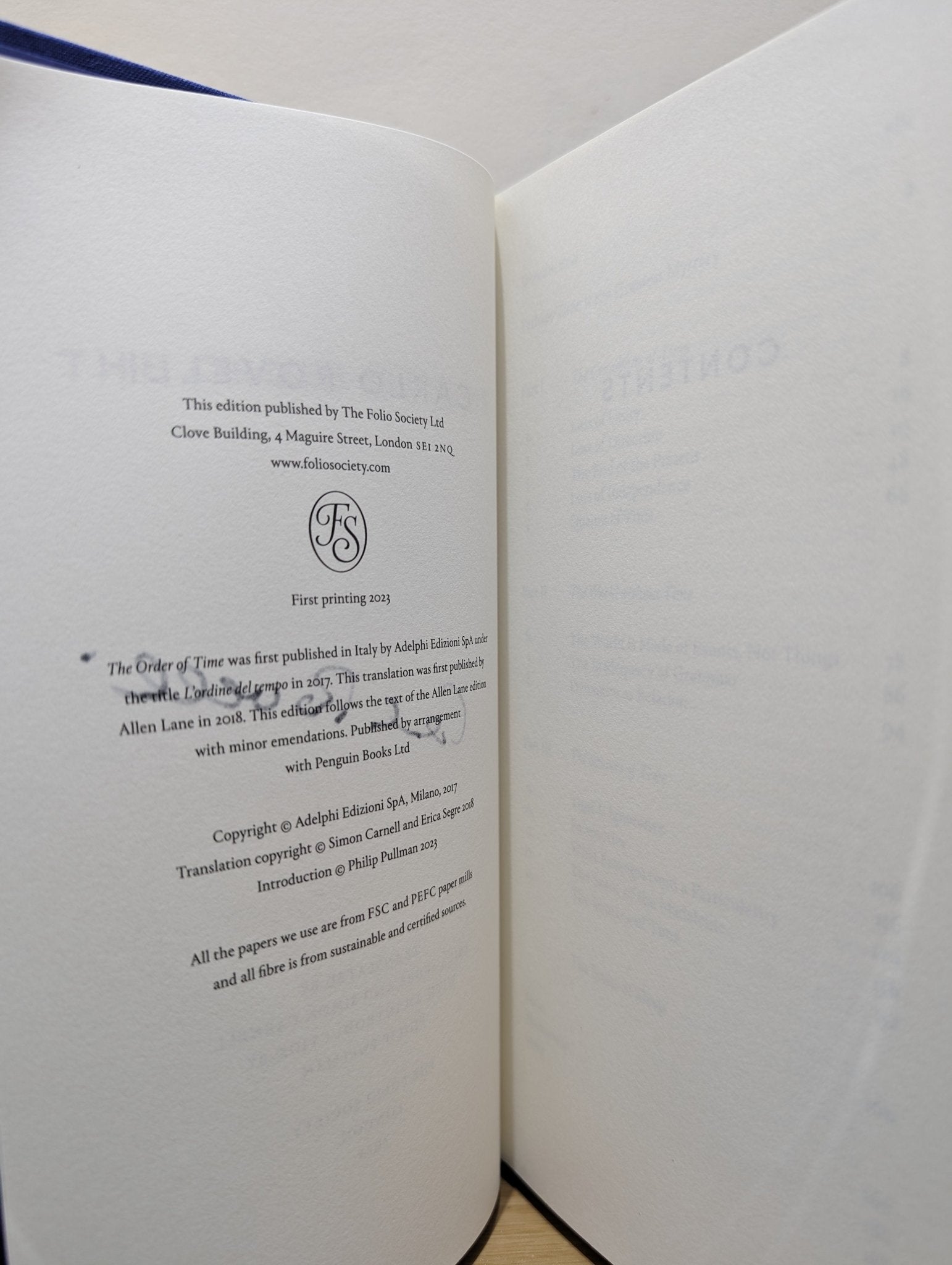 The Order of Time by Carlo Rovelli (Signed Folio Slipcase Edition) - Fialta Books