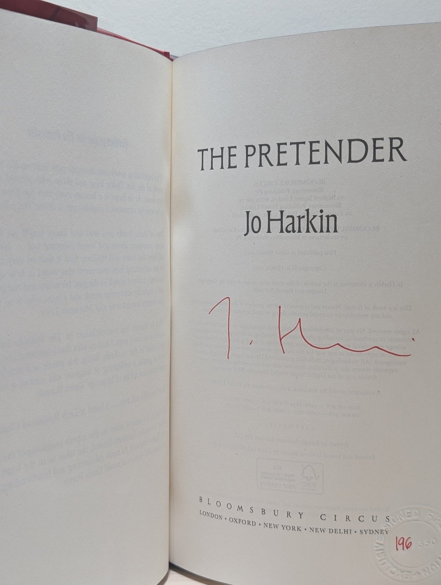 The Pretender by Jo Harkin (Signed First Edition with sprayed edges) - Fialta Books