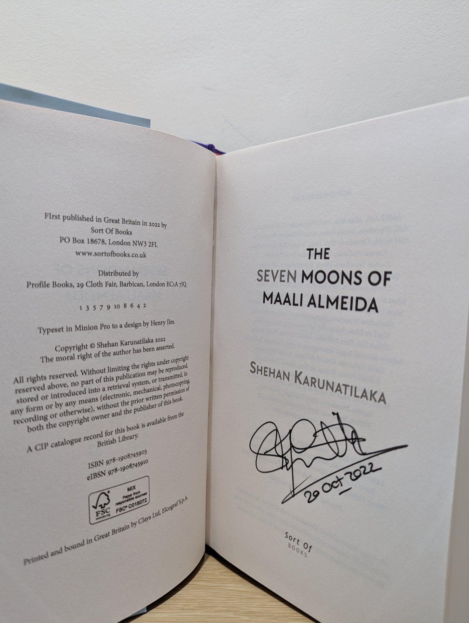 The Seven Moons of Maali Almeida by Shehan Karunatilaka (Signed Dated First Edition) - Fialta Books