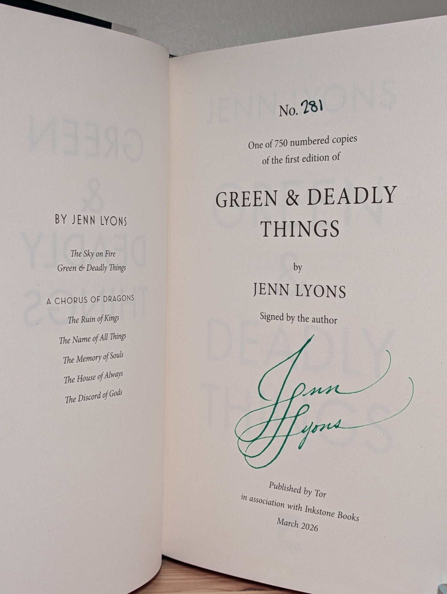 The Sky on Fire; Green Deadly Things by Jenn Lyons (Signed First Edition with sprayed edges) - Fialta Books
