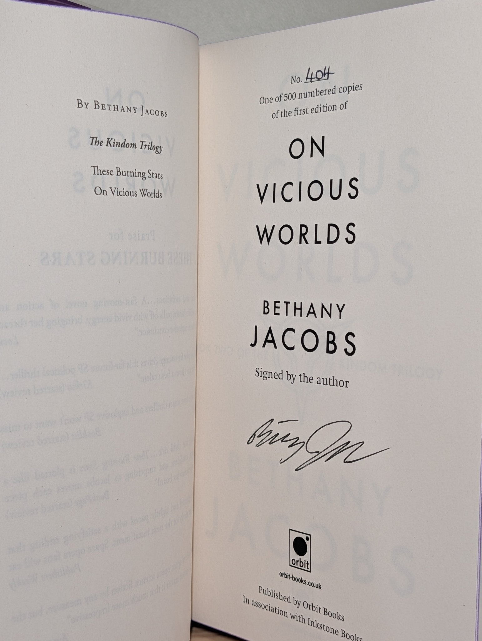 These Burning Stars; On Vicious Worlds; This Brutal Moon by Bethany Jacobs (Signed with sprayed edges) - Fialta Books